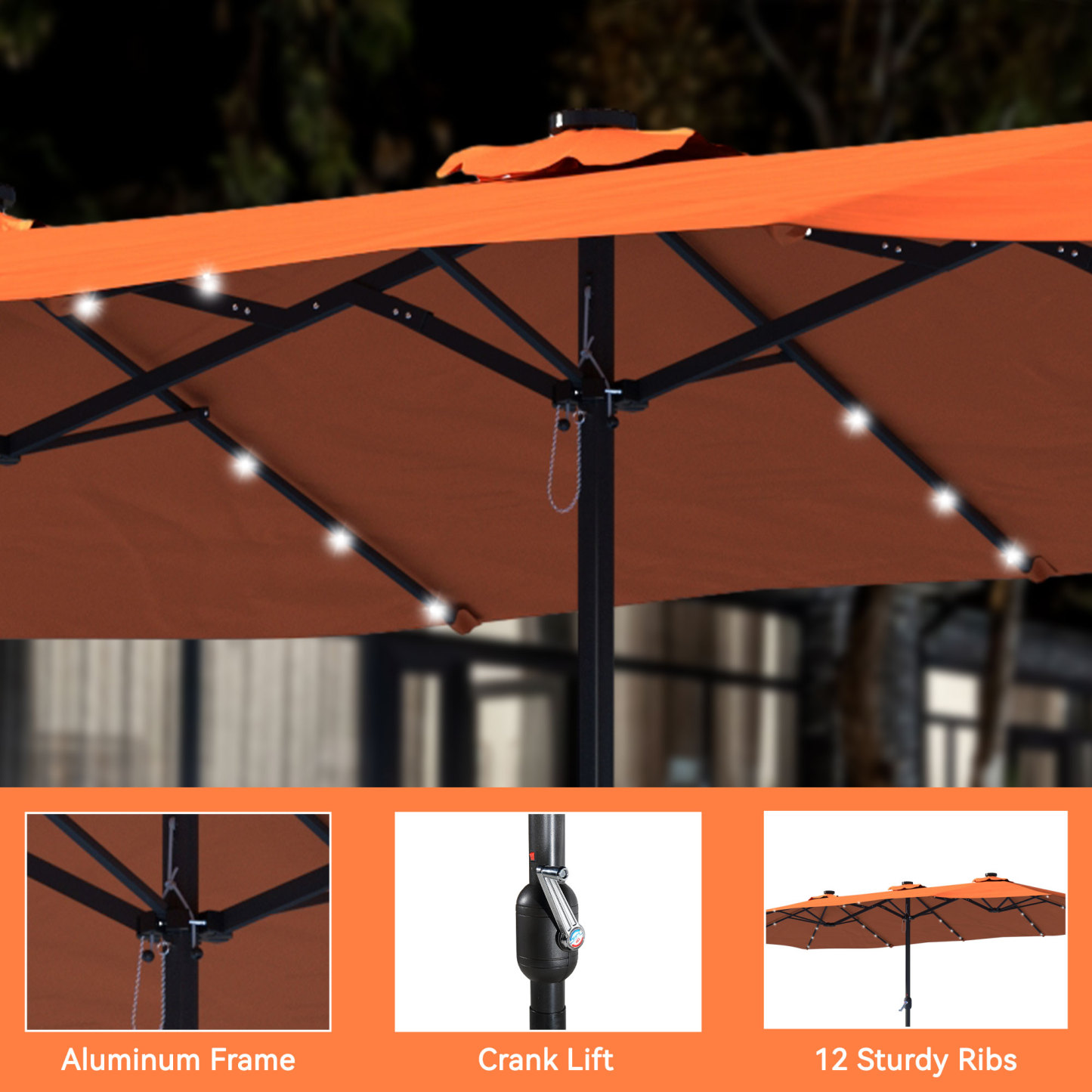 Mondawe 15ft Rectangular Patio Umbrella with Base and LED Lights