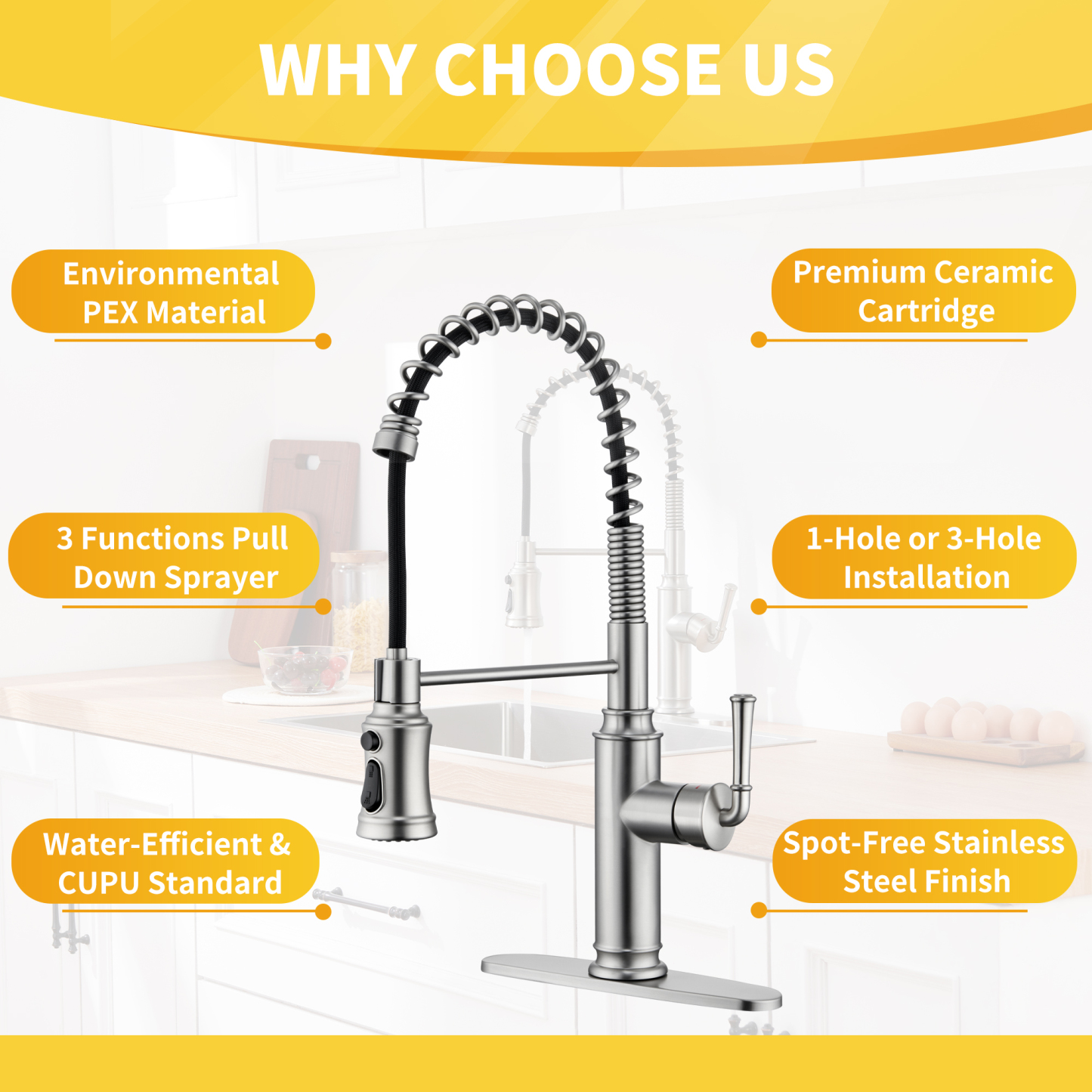 Mondawe Kitchen Faucets Commercial Single Handle Single Lever Pull Down Sprayer Spring Kitchen Sink Faucet