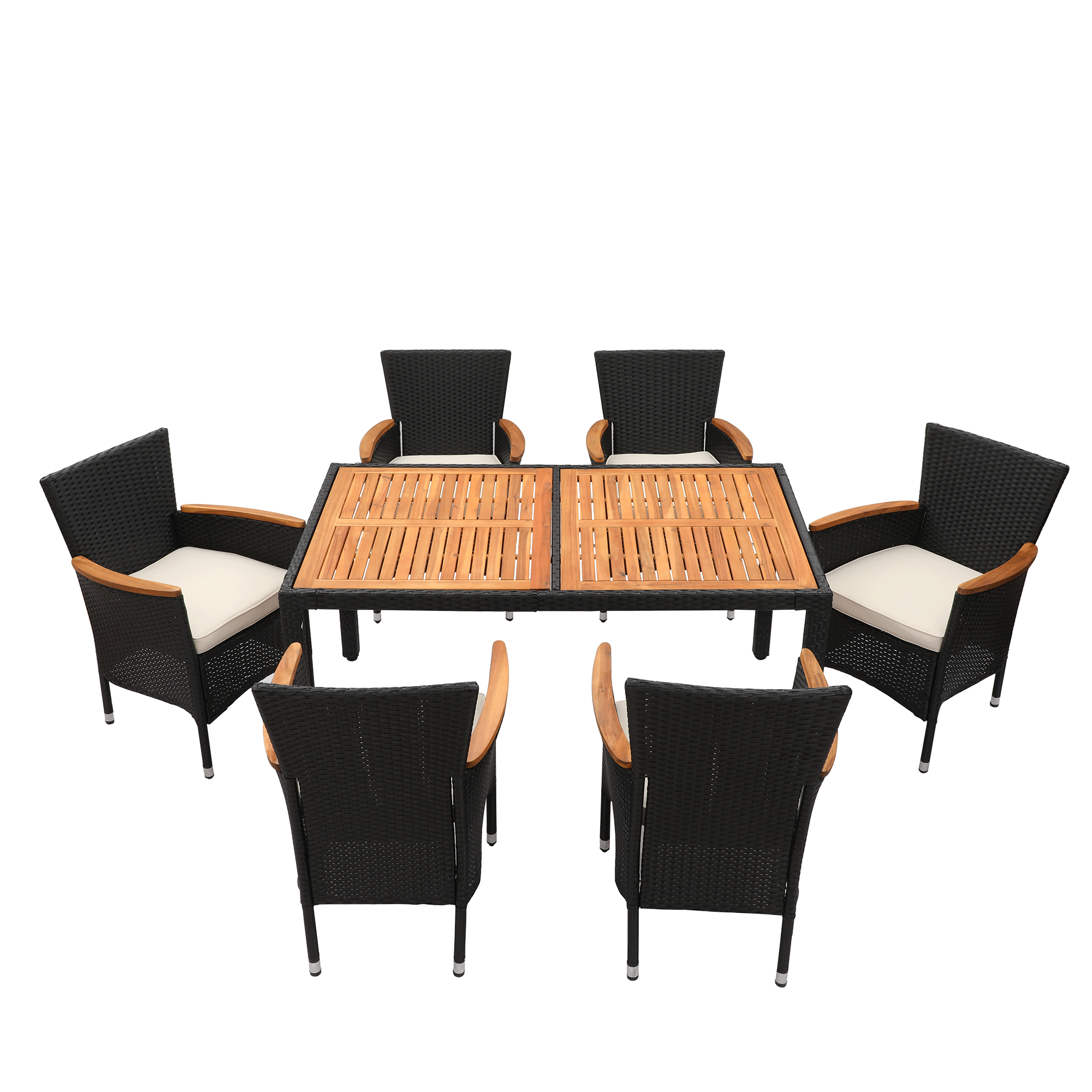 Outdoor Patio 7 Piece Dining Set for 6 Person Garden PE Wicker Rattan Dining Table and Chairs Set (Brown)