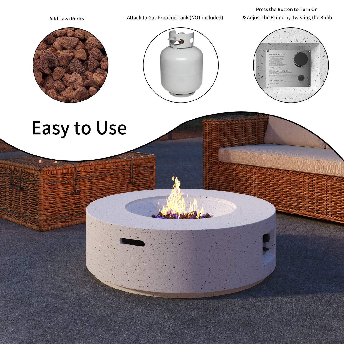 Patio Propane Gas Concrete Fire Pit Table 40000-BTU and with Waterproof Cover