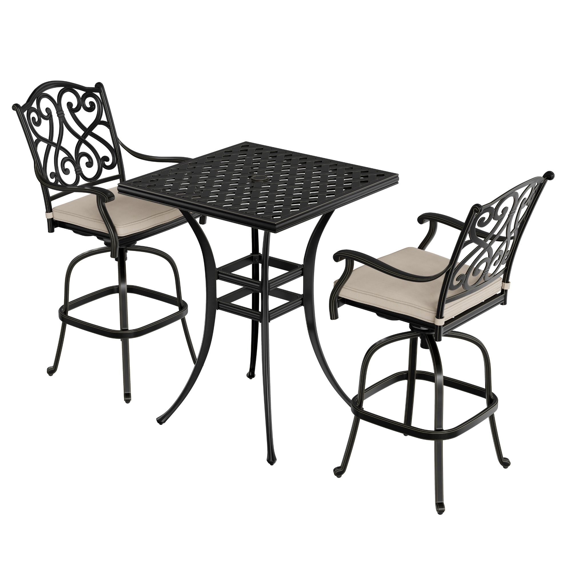 3-Piece Patio Bistro Set Cast Aluminum 2 High Bar Swivel Chairs with C