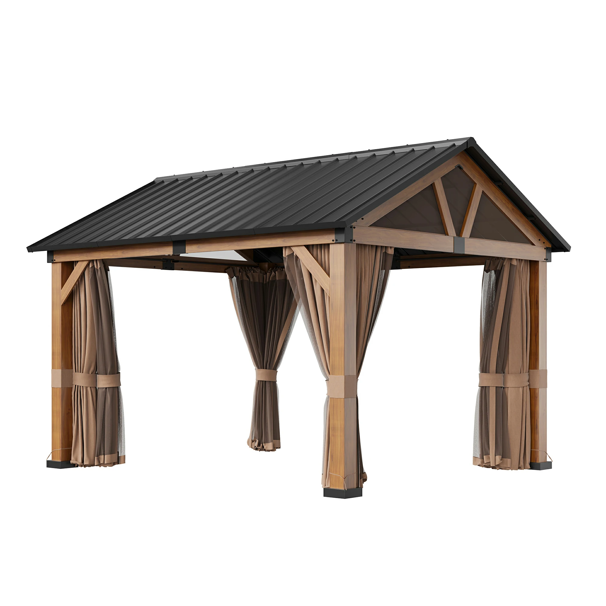 13 ft. x 11 ft. Patio Gable Roof Hardtop Gazebo Aluminium Frame Galvanized Steel Top with Curtain and Mesh Net