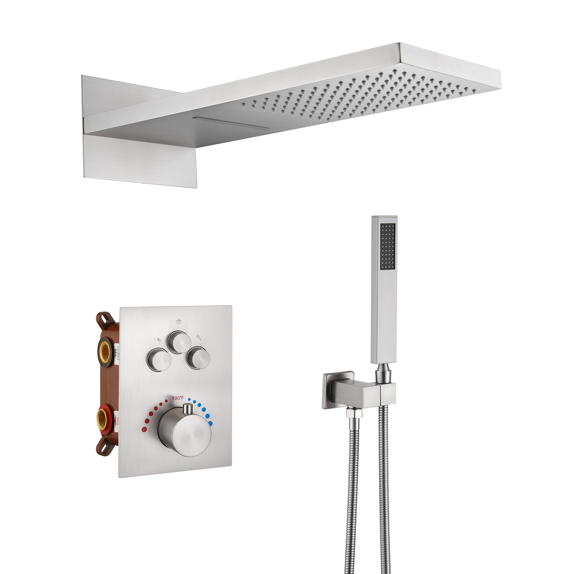 Mondawe 2 Functions Wall Mount Luxury Thermostatic Complete Shower System (Rough-In Valve Included) in Nickel/Black