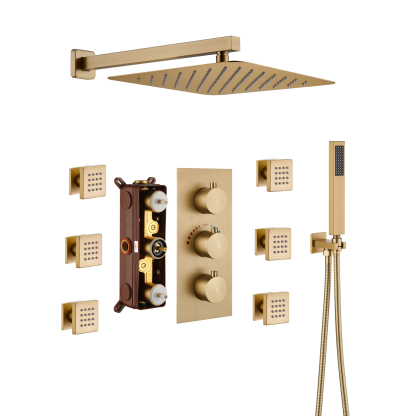 BG-Mondawe Wall Mount Thermostatic Rain Head Shower System with Handheld Shower and Wall Body Jets