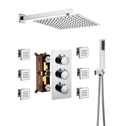 CH-Mondawe Wall Mount Thermostatic Rain Head Shower System with Handheld Shower and Wall Body Jets