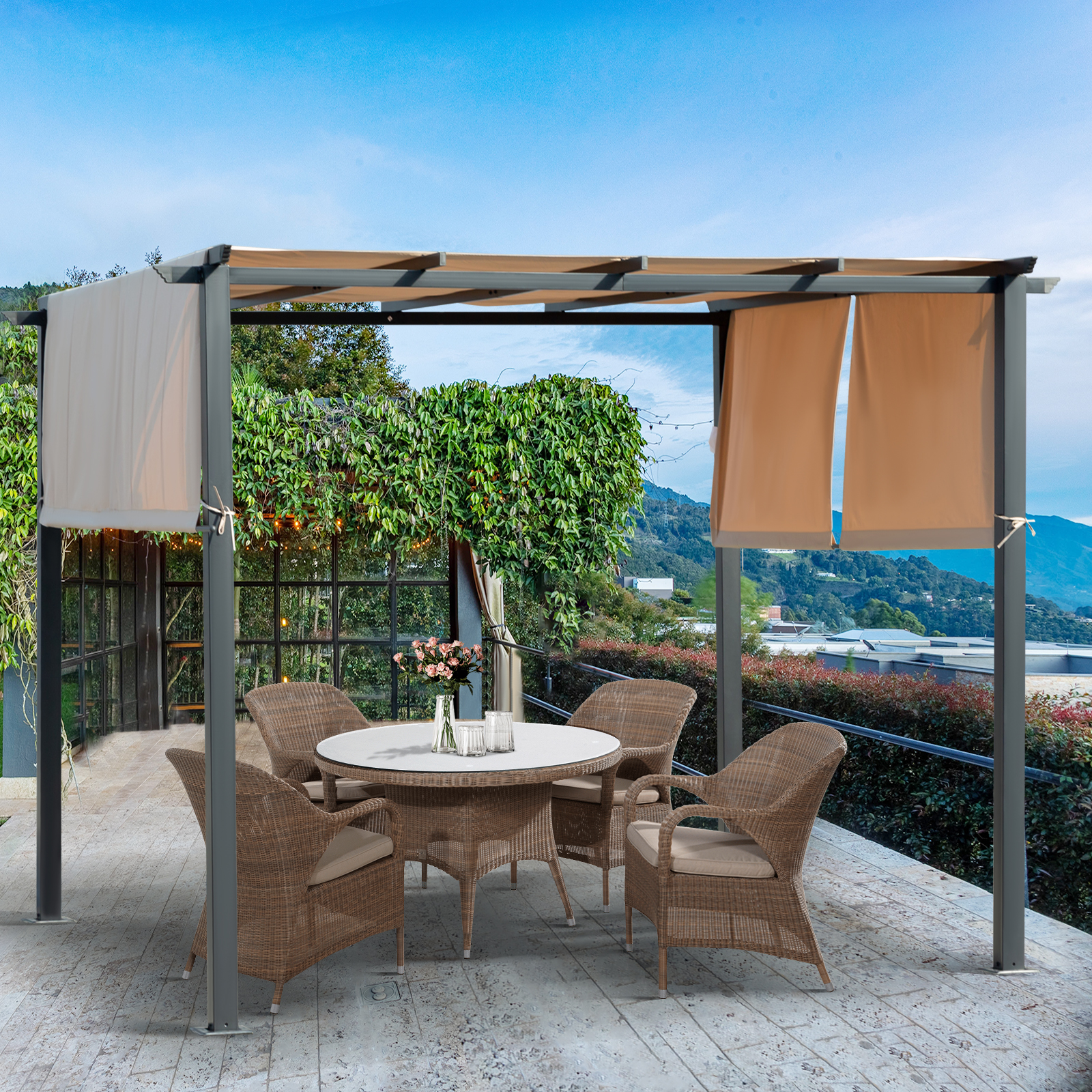 Mondawe 10x10 Ft Outdoor Retractable Aluminum Frame Pavilion and Sun Shade Canopy Pergola 