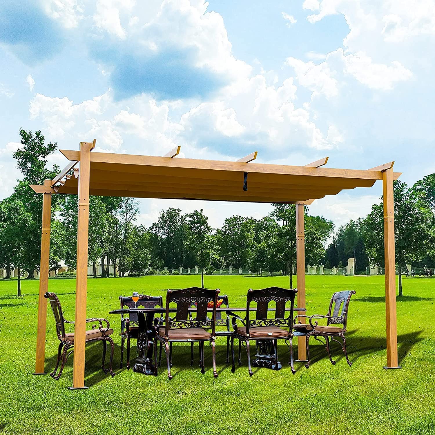 10' x13' Outdoor Pergola Aluminum Wood Looking Frame Retractable Canopy Heavy Duty Grape Trellis Sunshade Cover