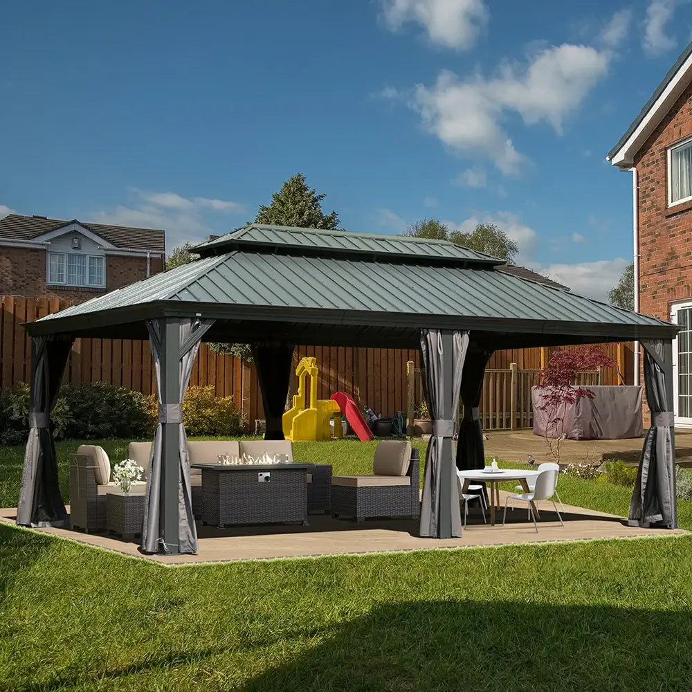 12' X 20' Outdoor Hardtop Gazebo with Curtain and Netting Aluminum Frame Galvanized Steel Double Roof Permanent Gazebo Pavilion for Patio, Backyard, Deck, Lawn