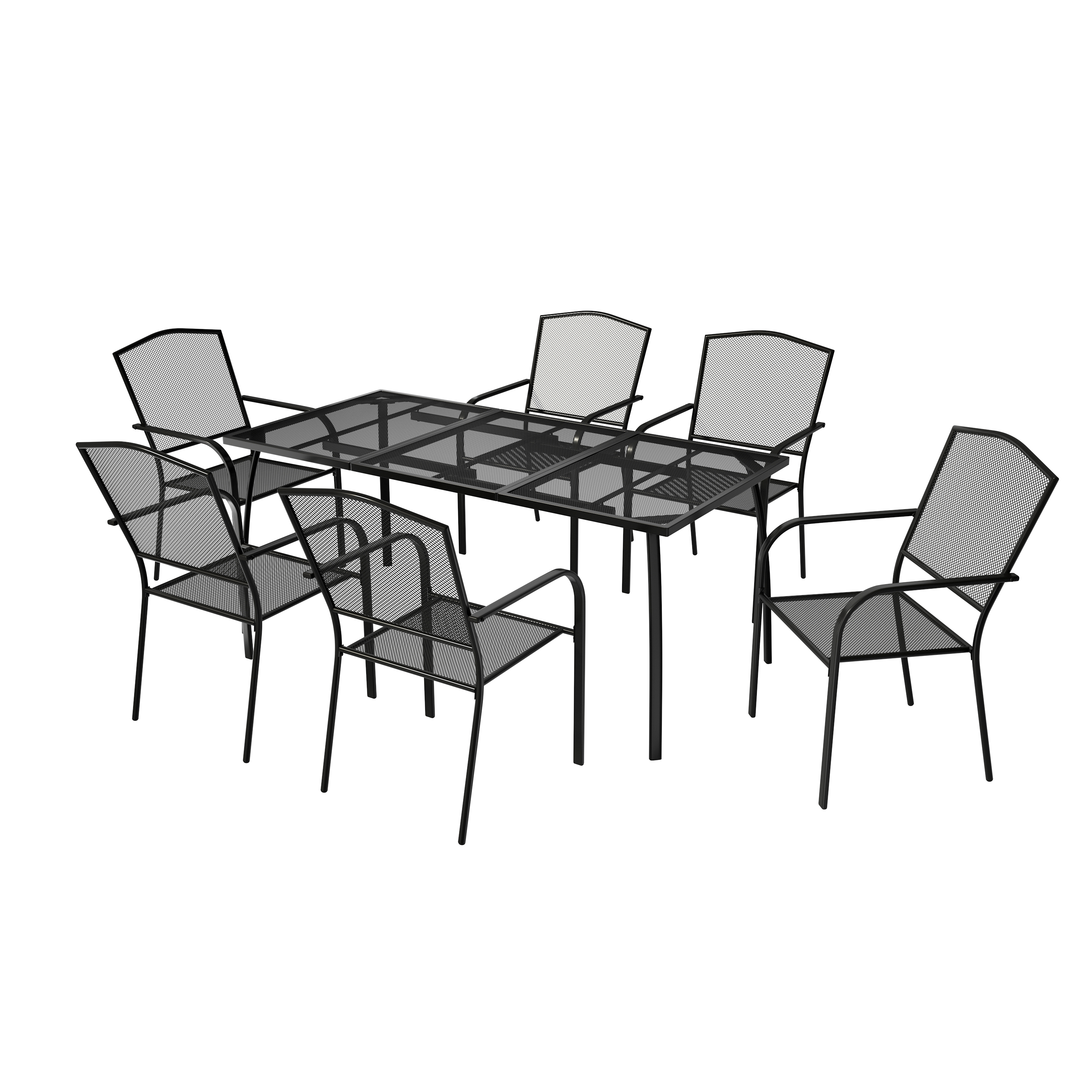 Black Courtyard Steel Mesh Outdoor Dining Table 7Piece Set, Extra Lar
