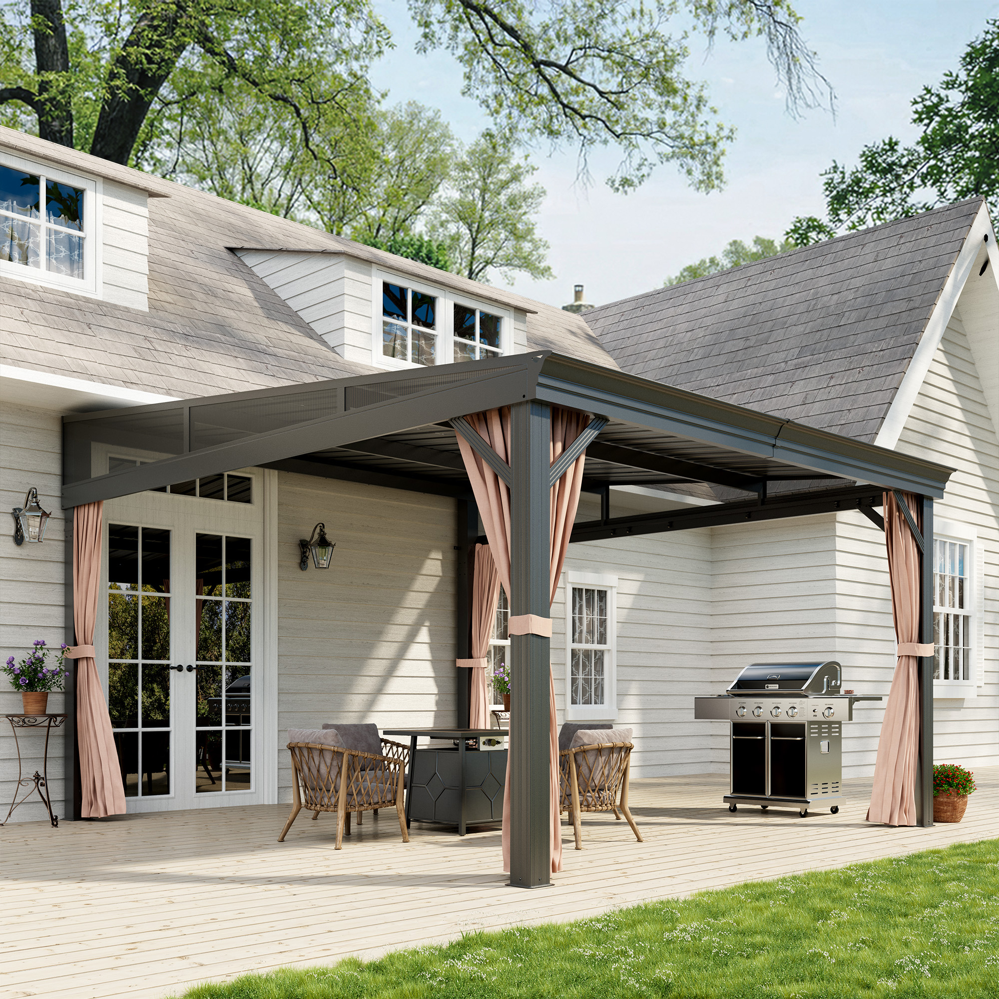 Outdoor Wall-Mounted Hardtop Gazebo Aluminum Frame Galvanized Steel Roof Sunroom with Curtains and Netting