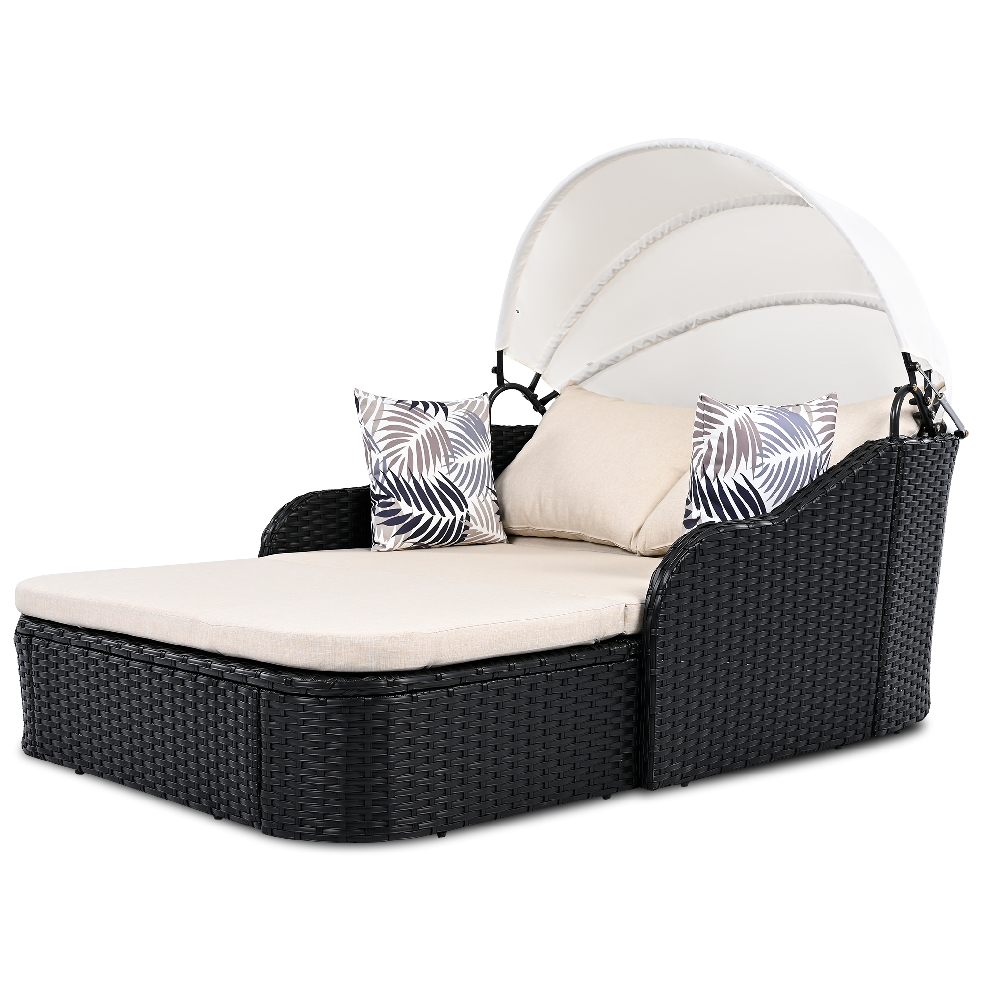 79.9" Outdoor Sunbed with Adjustable Canopy, Double lounge, PE Rattan Daybed, Black Wicker and Beige/Blue Cushion 