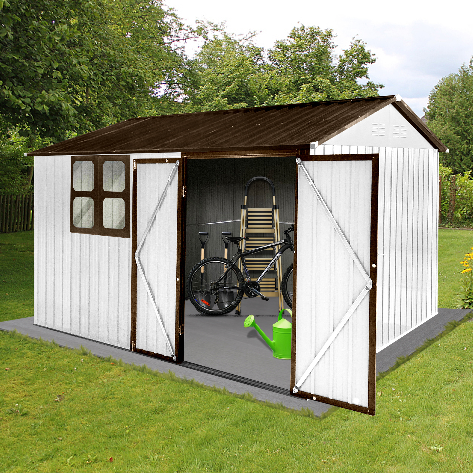 Metal garden sheds 10ftx8ft outdoor storage sheds white+coffee with window 