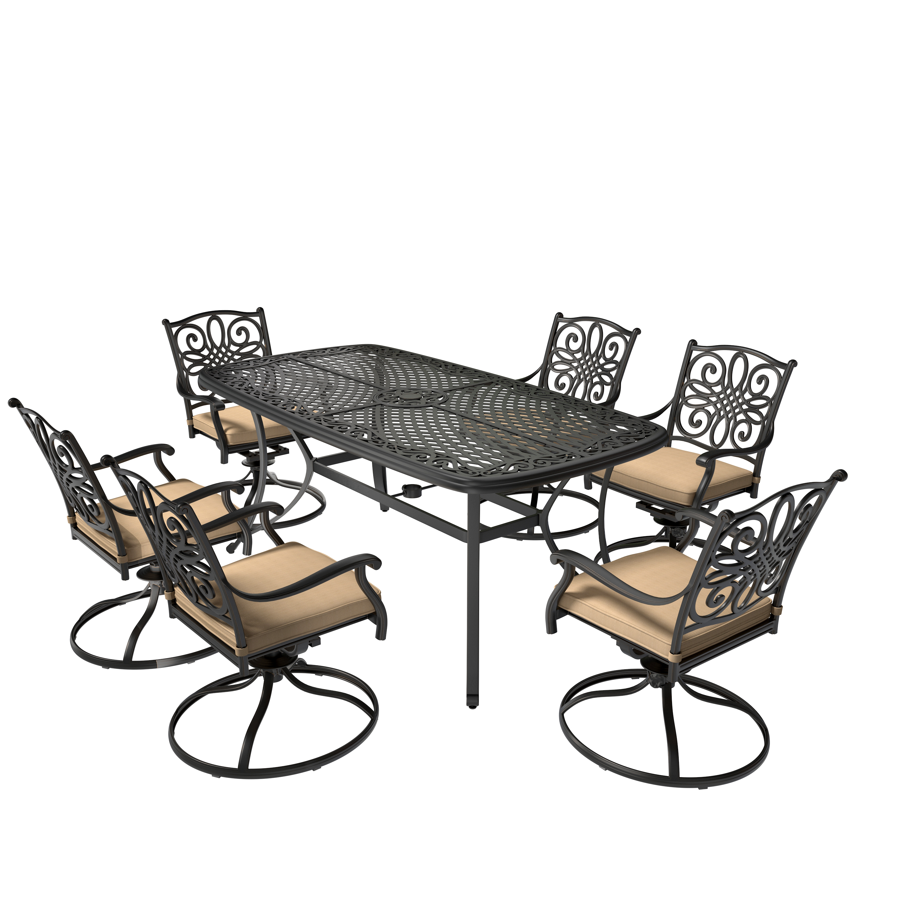 7-Piece Cast Aluminum Outdoor Dining Set with Rectangle Table Swivel Dining Chair with Brown/Gray Cushions