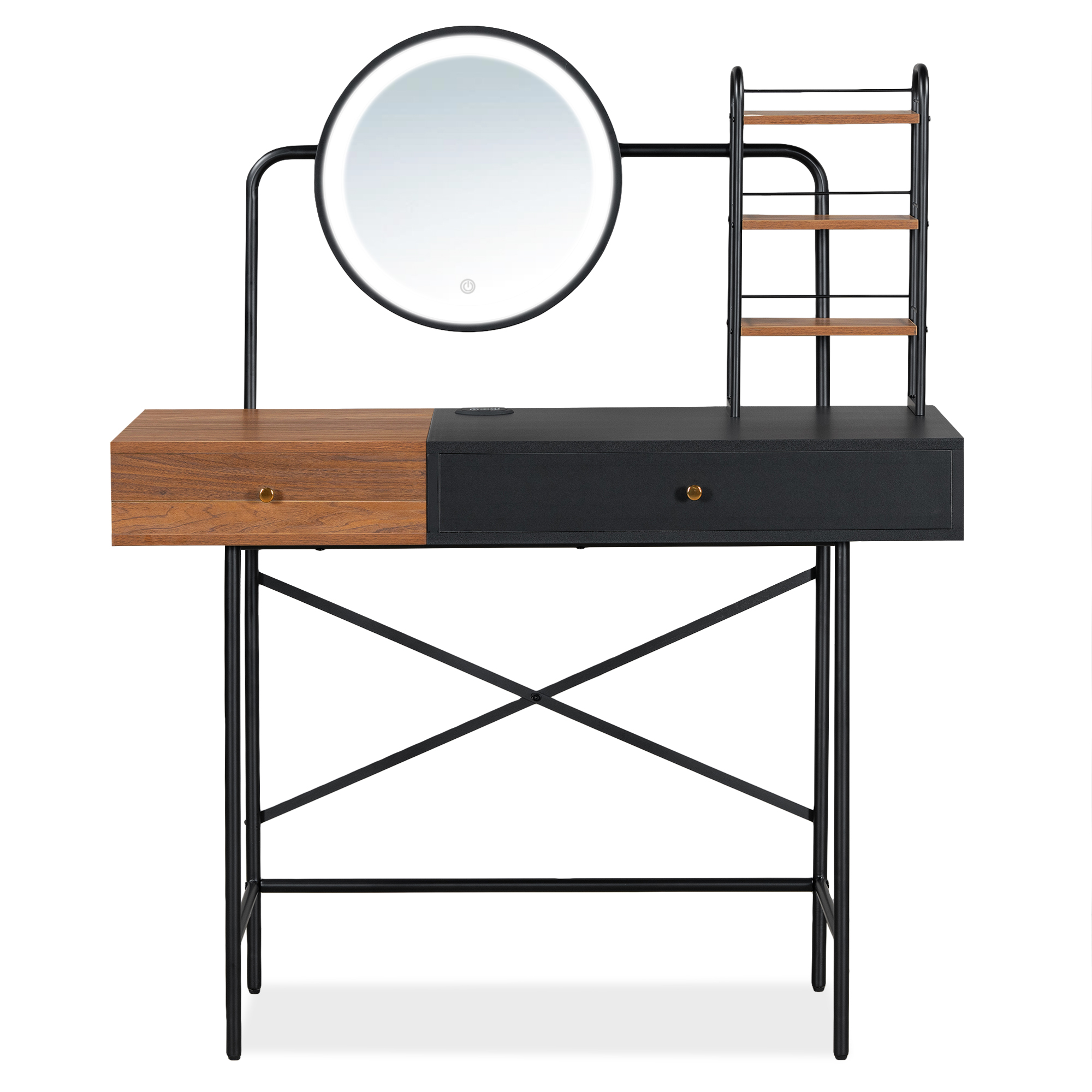 40" Makeup Vanity Desk with 3-Mode Lighted Mirror & Wireless Charging Station , Vanity Table with Drawer & 3 Open Shelves for Ample Storage Space, Dressing Table for Bedroom, Black/White  