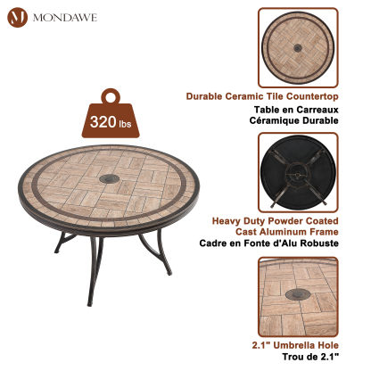 Mondawe 48-In Patio Round Tile-Top Dining Table with Umbrella Hole