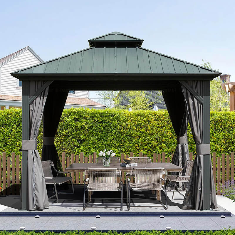 Outdoor 10' X 10' Hardtop Gazebo Aluminum Frame Permanent Galvanized Steel Double Roof Canopy with Curtain and Netting Parties, Wedding, Outdoor Dining