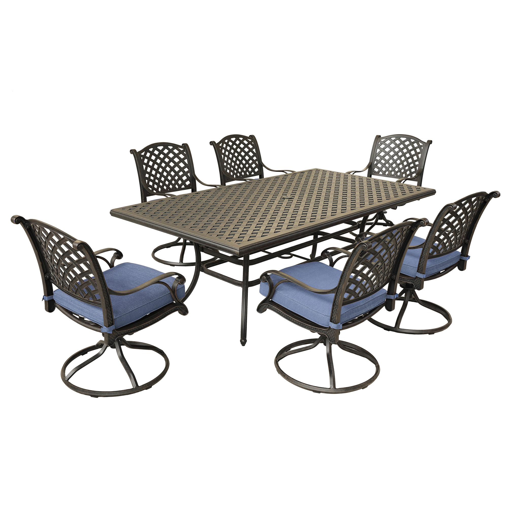 Rectangular 6 - Person 85.83" Long Aluminum Dining Set with Navy Blue Cushions 