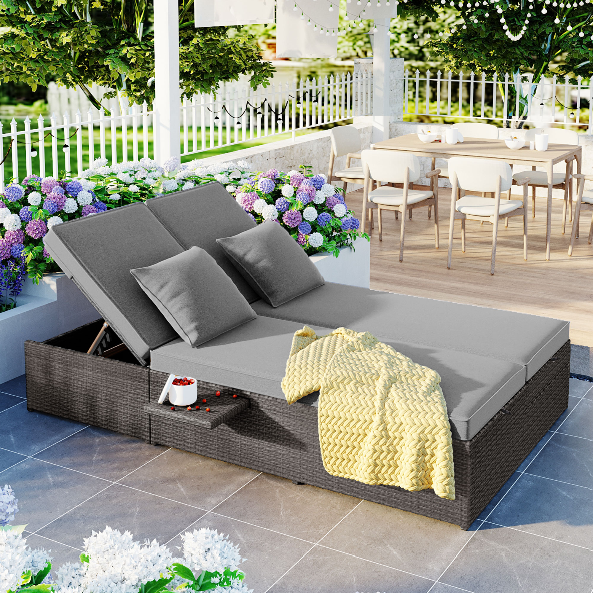 TOPMAX Outdoor Double Sunbed, Wicker Rattan Patio Reclining Chairs with Adjustable Backrest and Seat, Conversational Set for 2 Person, Gray/Brown