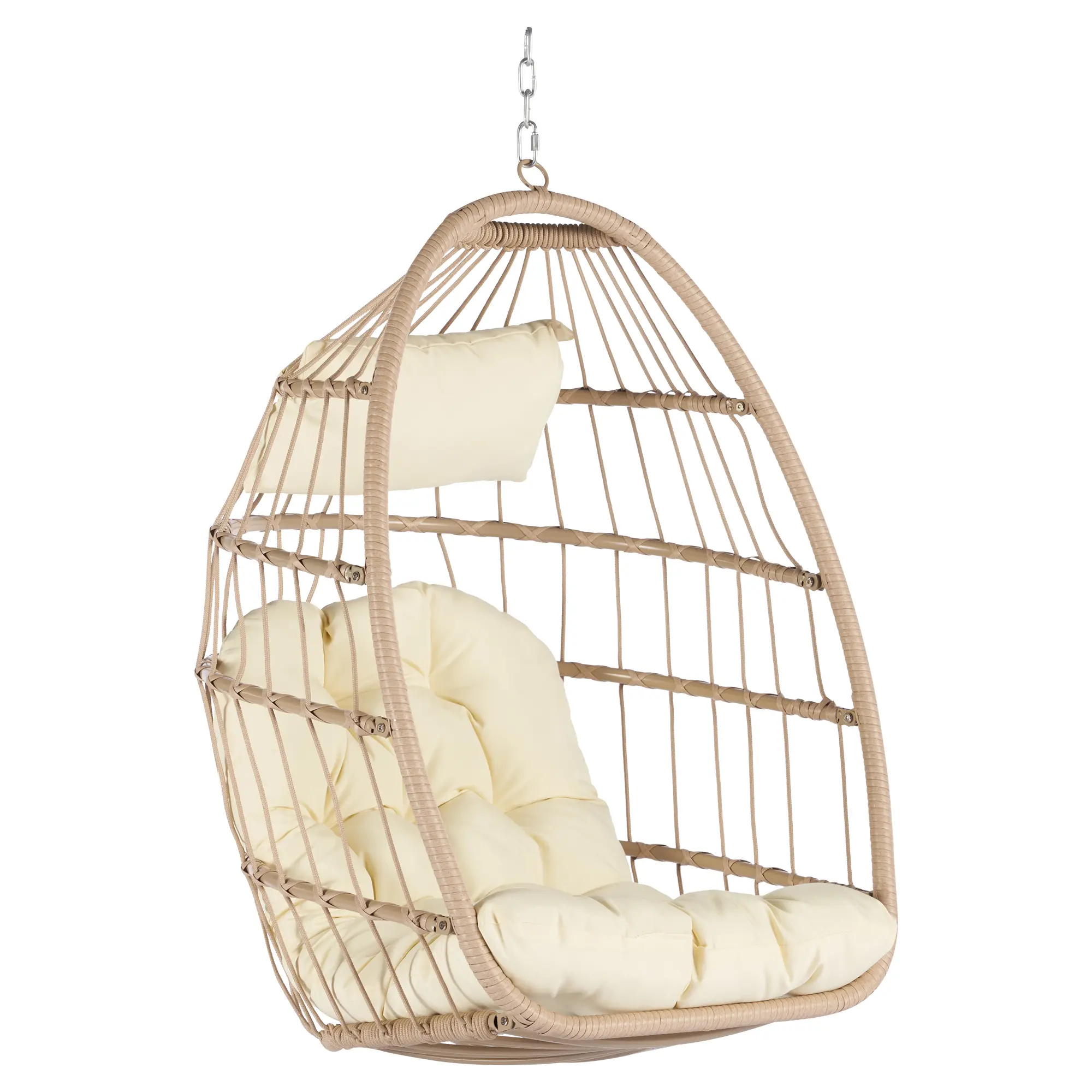 1-Person Wicker Swing Beige Hanging Egg Chair Patio Chair 