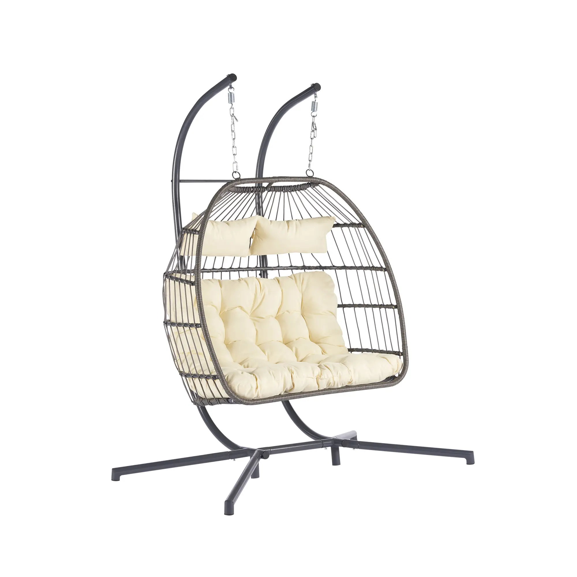 2-Person Wicker Patio Swing Chair Folding Hanging Egg Chair with Beige Cushions