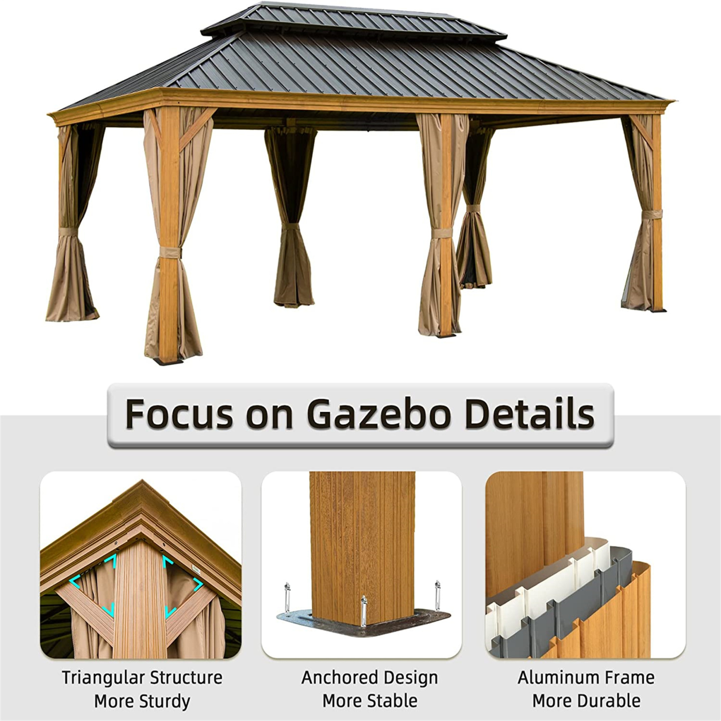 Mondawe 12x20 ftOutdoor Aluminum Wood Grain Hardtop Gazebo with Curtains&Netting Galvanized Steel Double Canopy for Patios Deck Backyard
