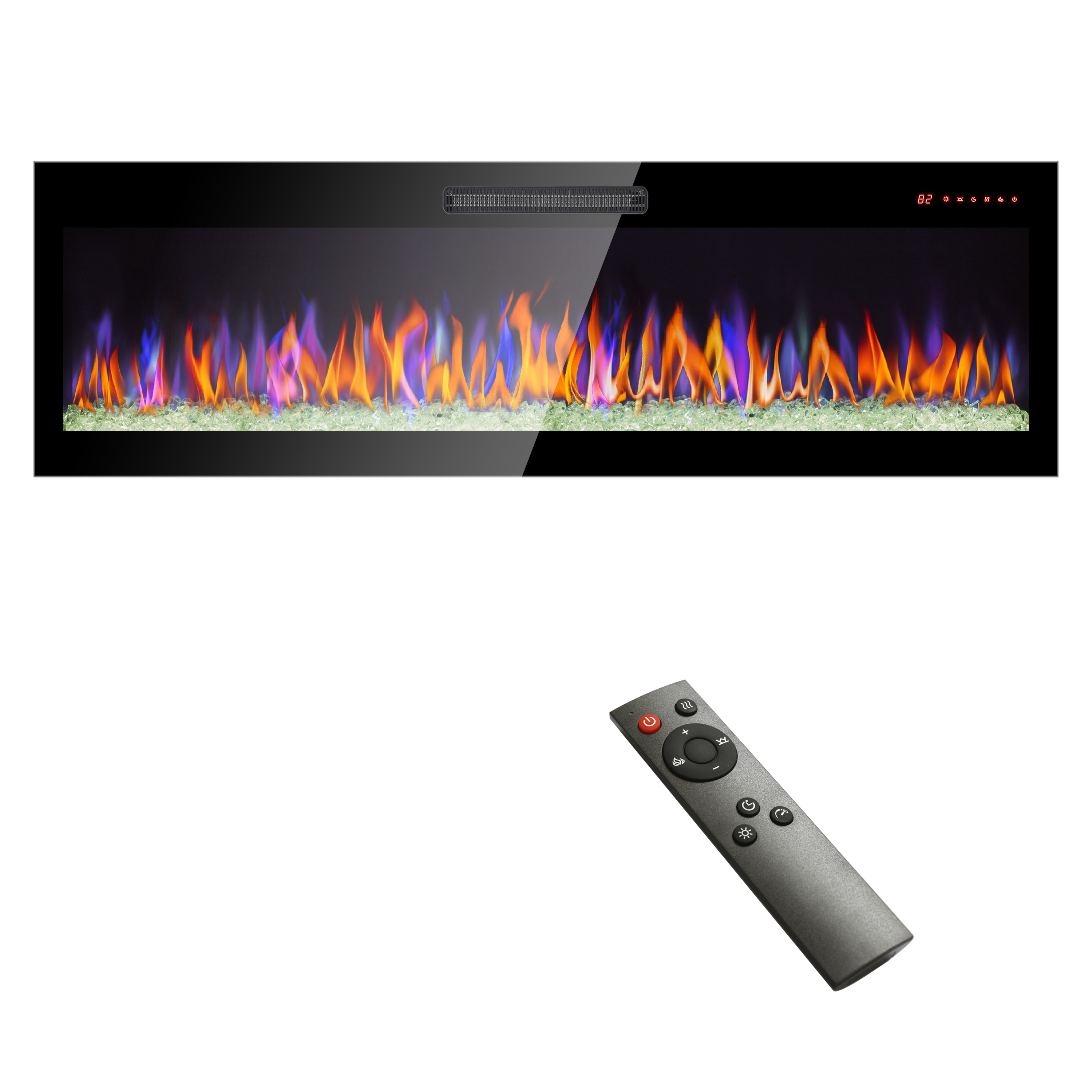 60/50 inch recessed ultra thin tempered glass front wall mounted electric fireplace with remote and multi color flame & emberbed, LED light heater 