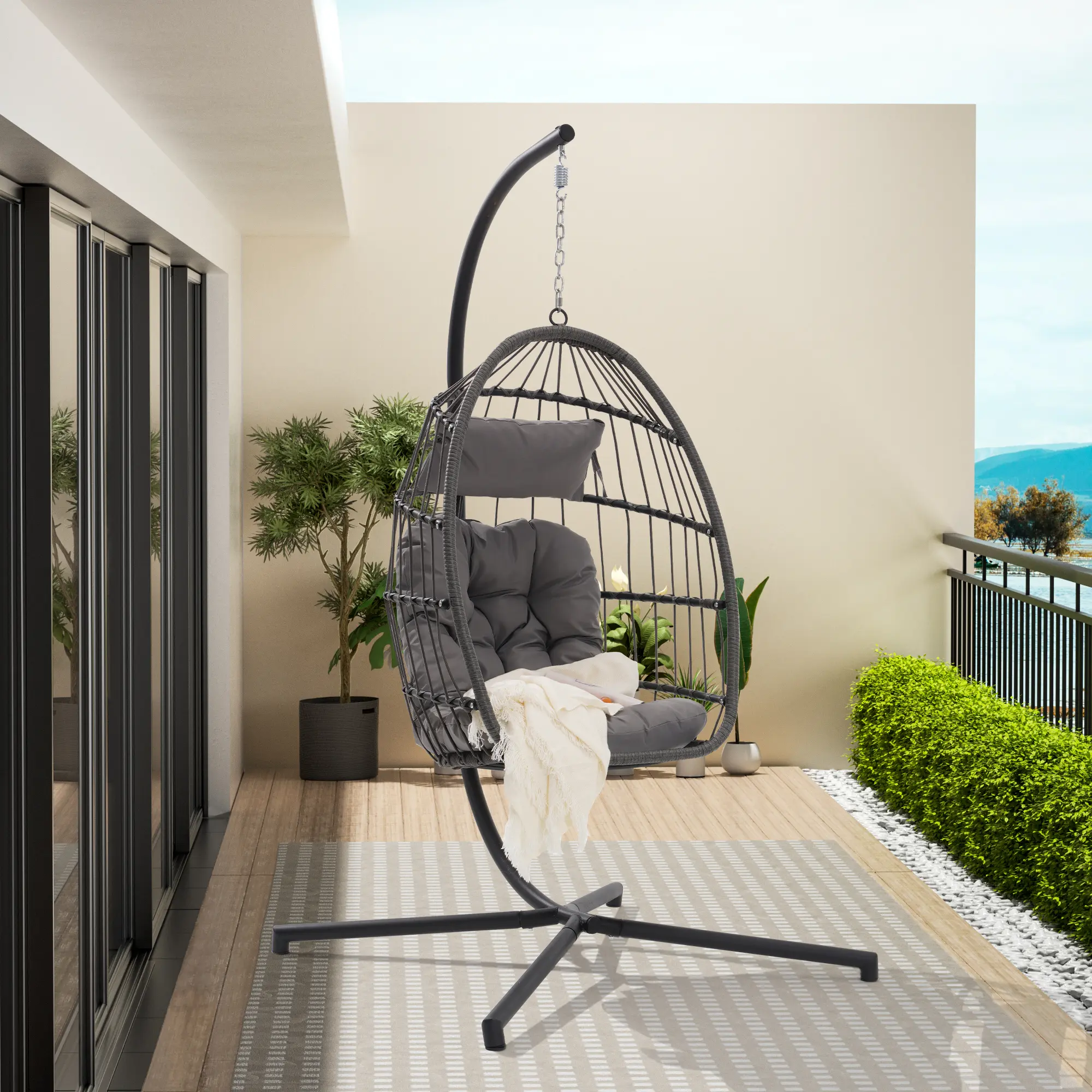 Outdoor Garden Wicker Swing Egg Chair Folding Hanging Chair with Gray Cushions