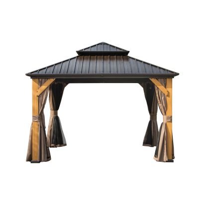 Outdoor 12x14 ft Outdoor Cedar Wood Frame Hardtop Gazebo with Curtains and Netting Permanent Galvanized Steel Hardtop Roof Pavilion Canopy for Patio, Backyard, Deck