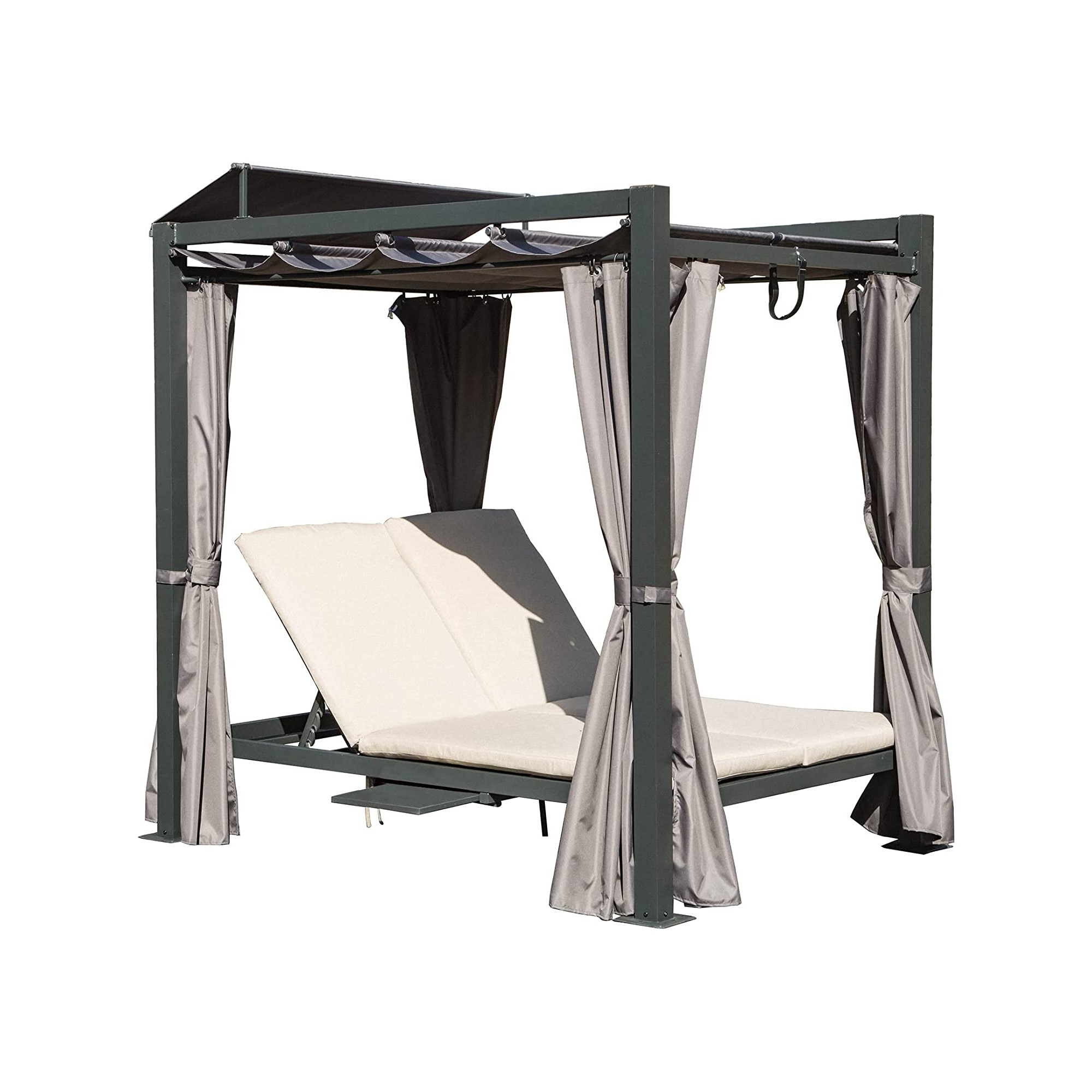 Outdoor Double Chaise Lounge Daybed Bed Aluminum Frame with Retractable Canopy and Curtain with Cushion