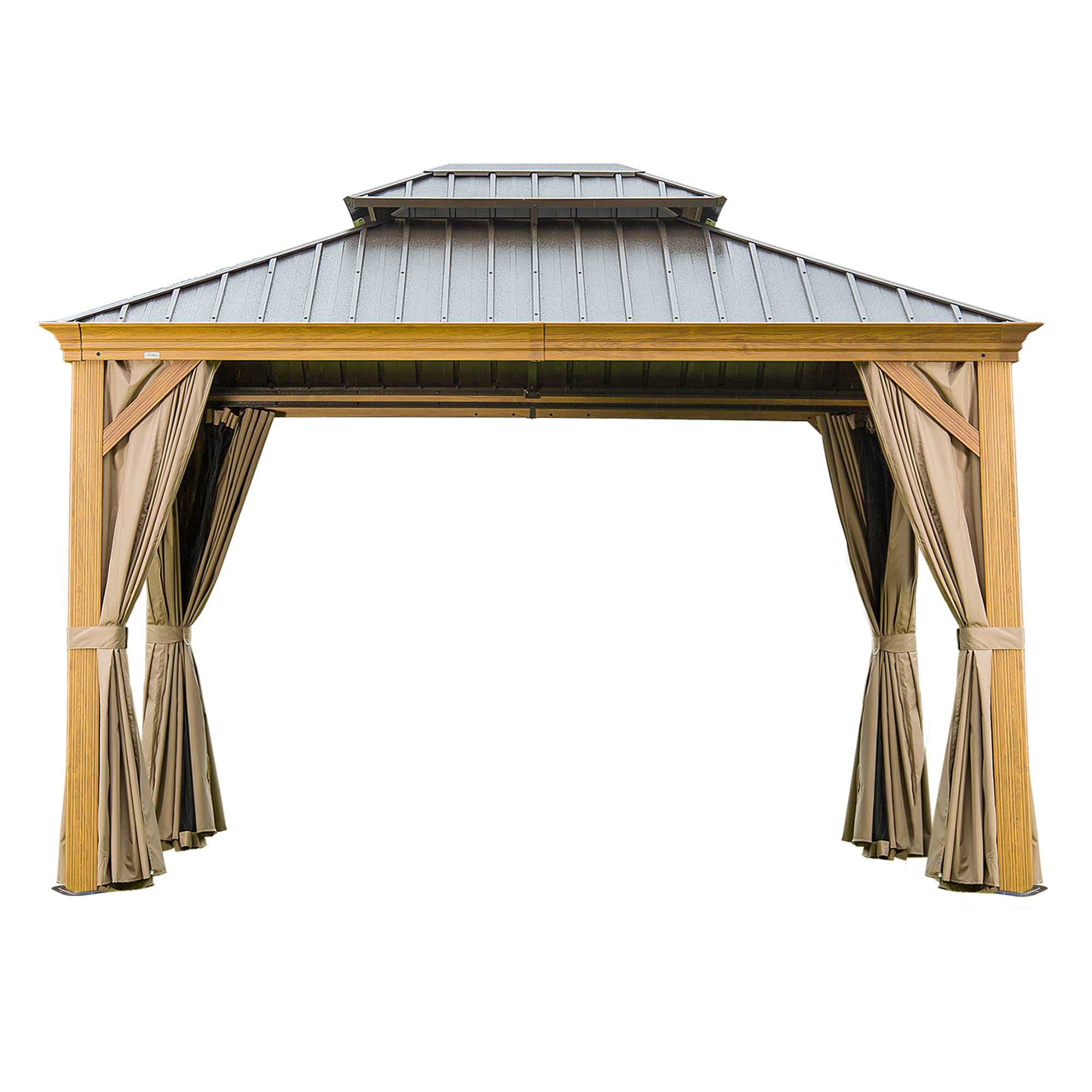 10x12 ft Wood Coated Aluminum Frame Galvanized Steel Double Roof Hardtop Gazebo with Curtains and Netting