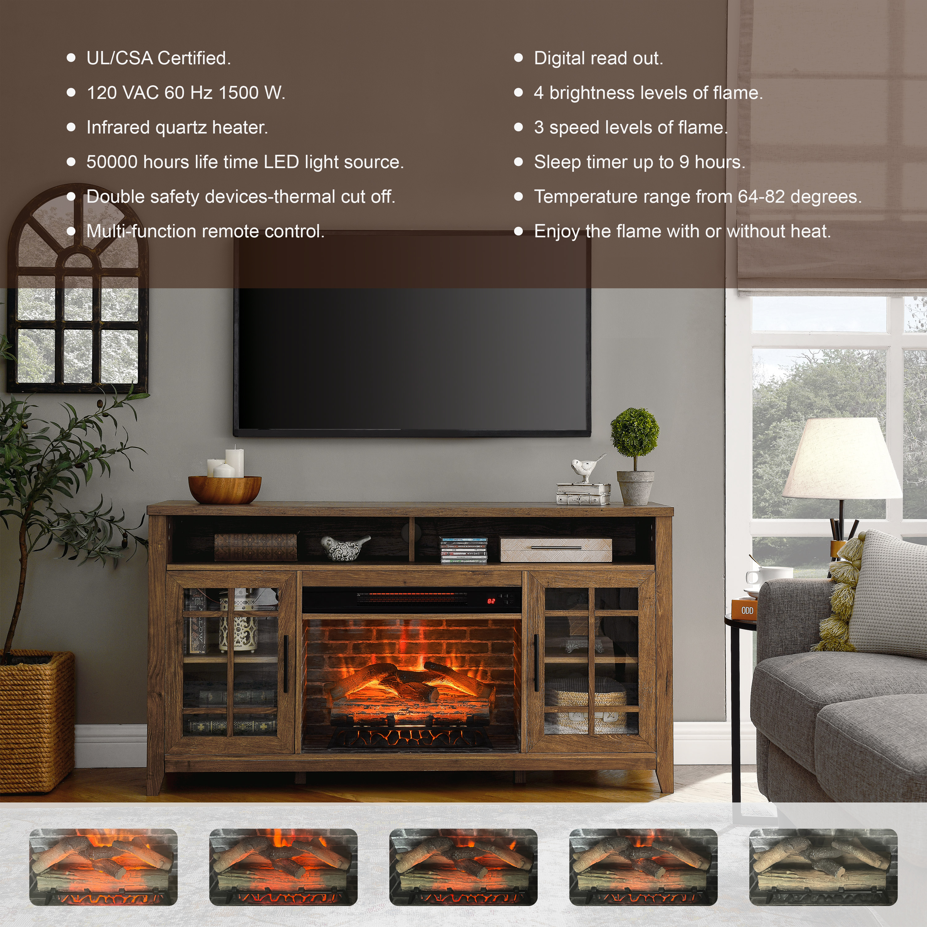 55 inch TV Media Stand with Electric Fireplace KD Inserts Heater,Reclaimed Barnwood Color 