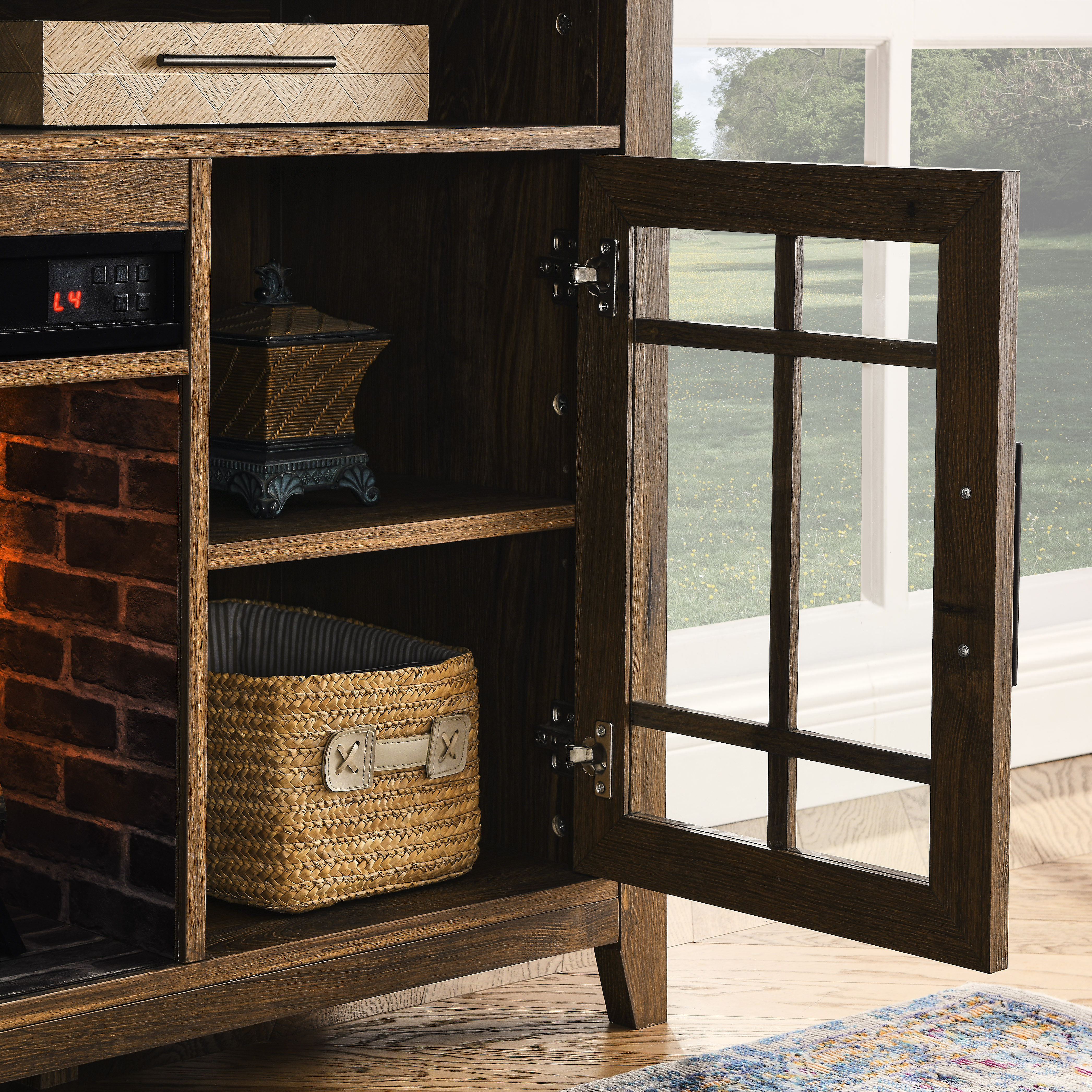 55 inch TV Media Stand with Electric Fireplace KD Inserts Heater,Reclaimed Barnwood Color 