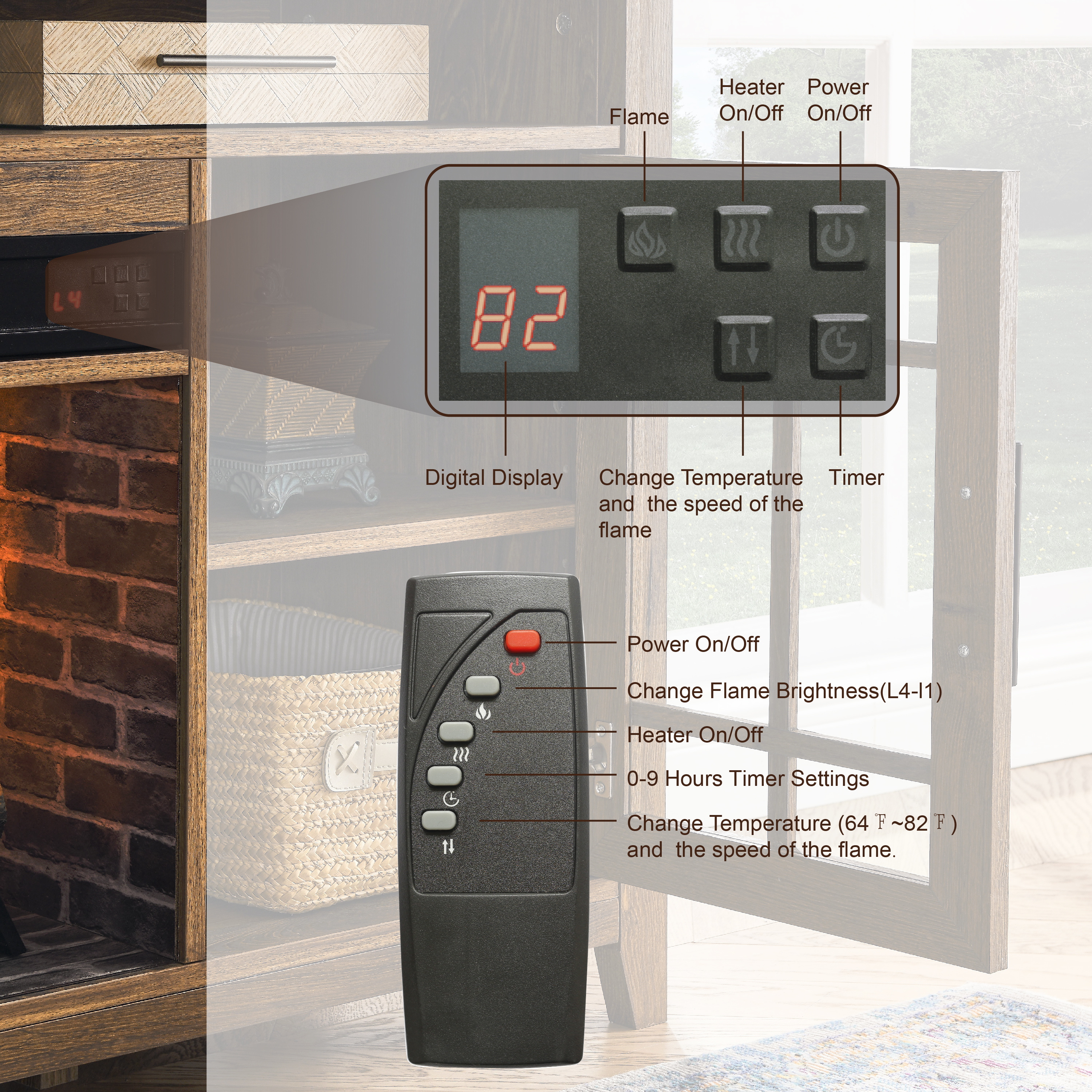 55 inch TV Media Stand with Electric Fireplace KD Inserts Heater,Reclaimed Barnwood Color 