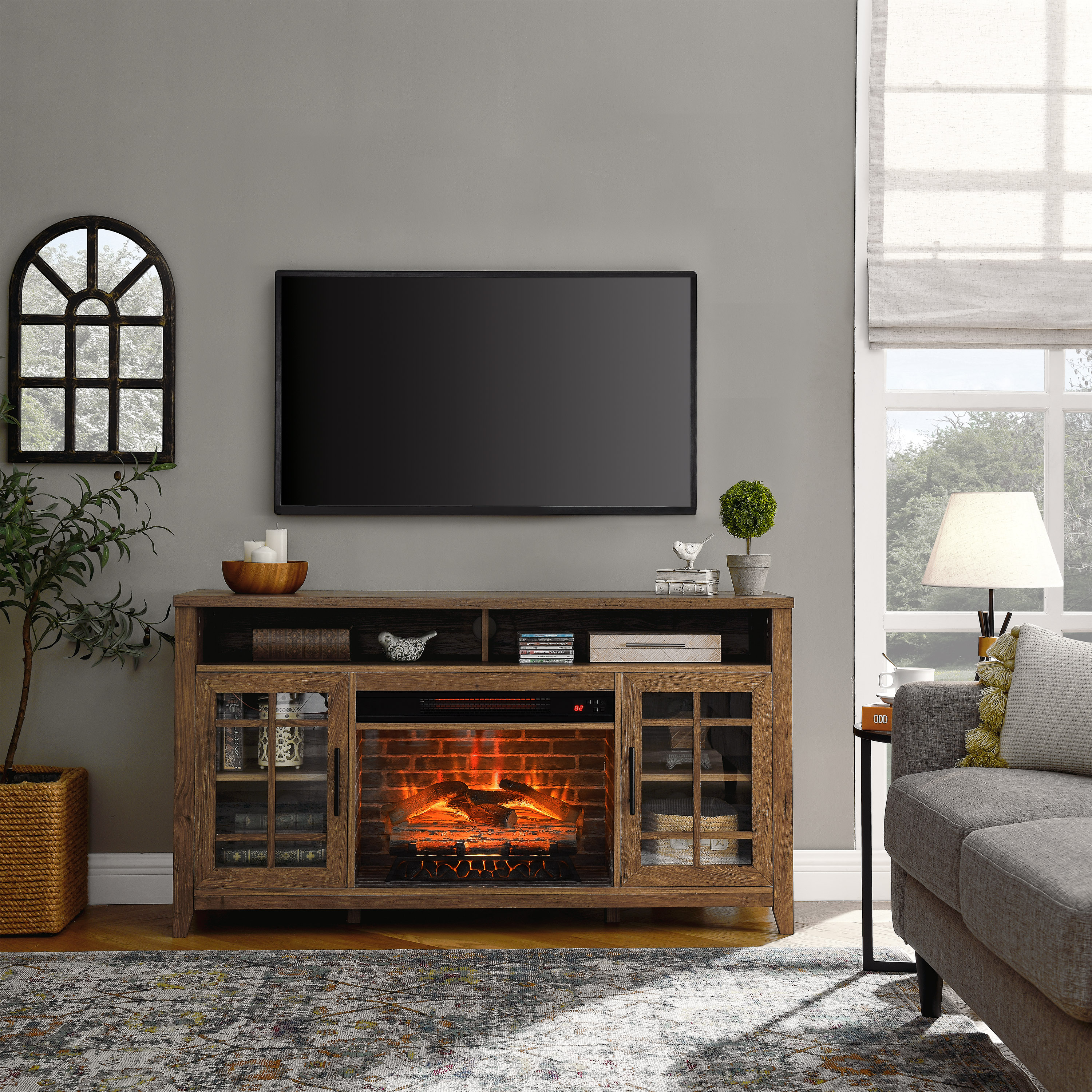 55 inch TV Media Stand with Electric Fireplace KD Inserts Heater,Reclaimed Barnwood Color 