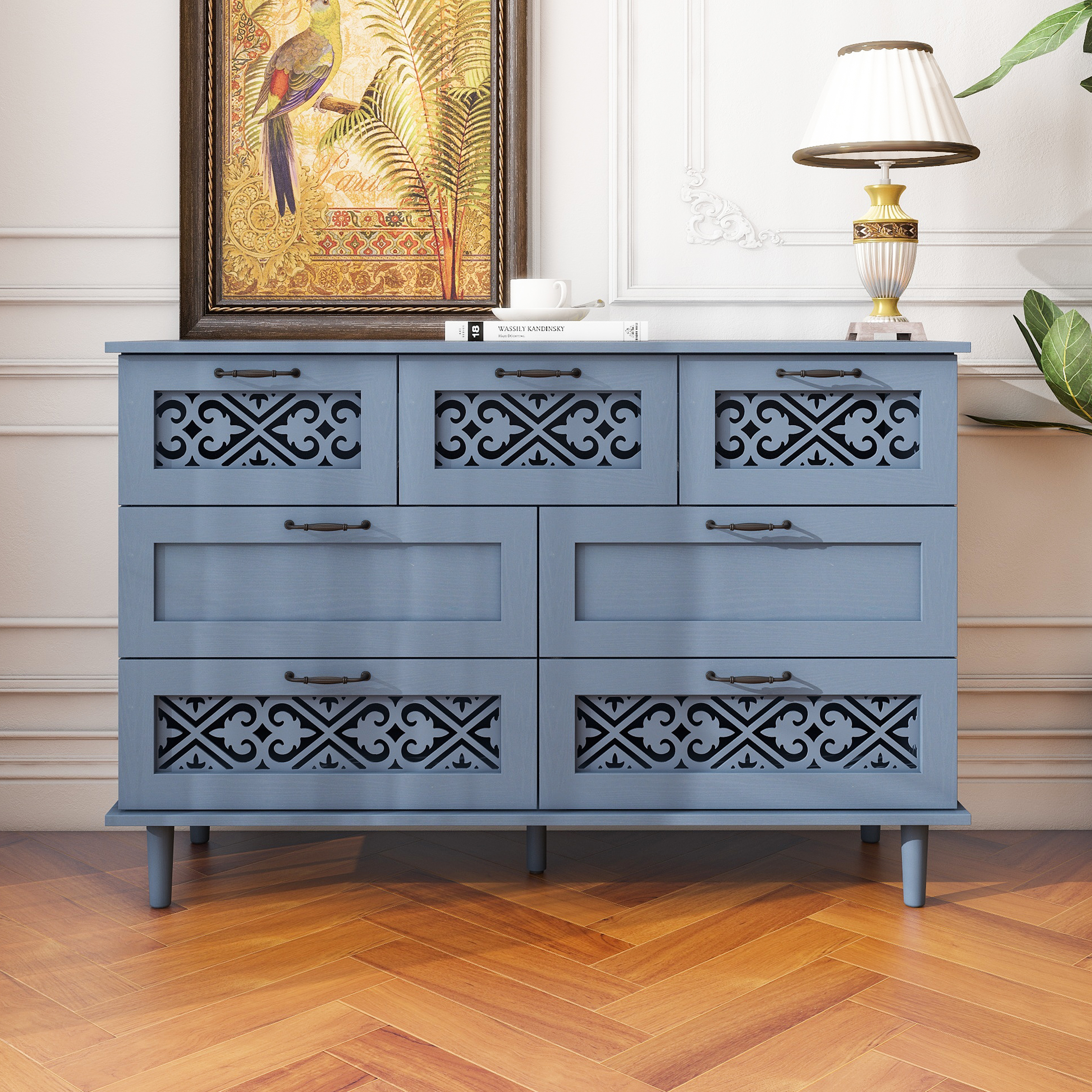 7 Drawer Cabinet, American Furniture, Suitable for Bedroom, Living Room, Study，Dark Green / Blue