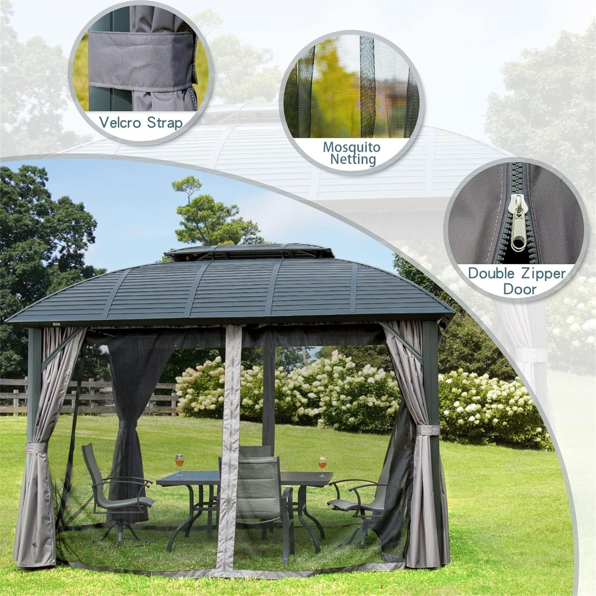 Outdoor 10x12 ft Arc Top Hardtop Aluminum Frame Gazebo Sturdy Galvanized Steel Roof  with Zippered Sidewall & Netting