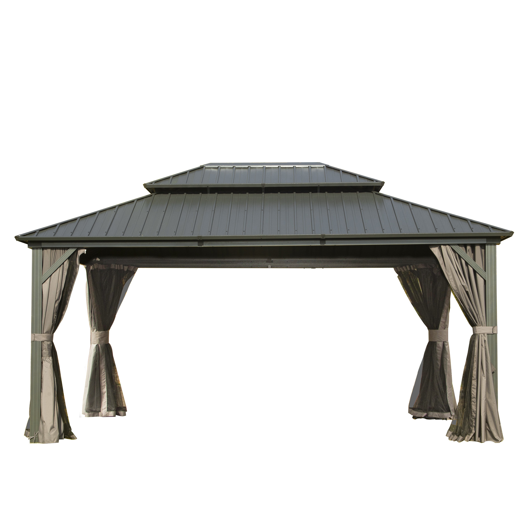 10' X 14' Outdoor Hardtop Gazebo, Aluminum Metal Galvanized Steel Double Roof Gazebo with Curtain and Netting for Party, Wedding, Outdoor Dining, Brown