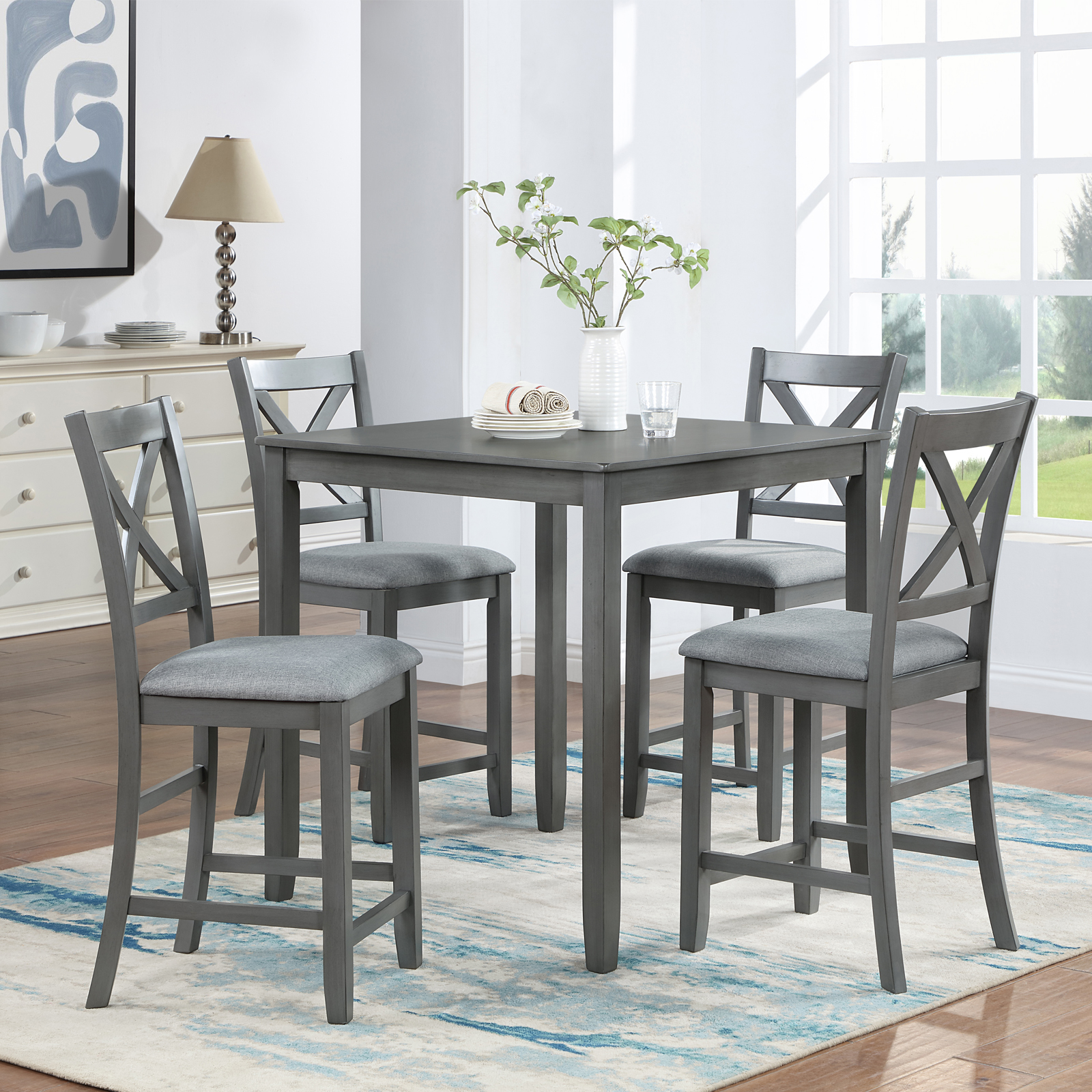 Wooden Dining Square Table, Kitchen Table for Small Space, 4 Person Counter Height Table,Gray 