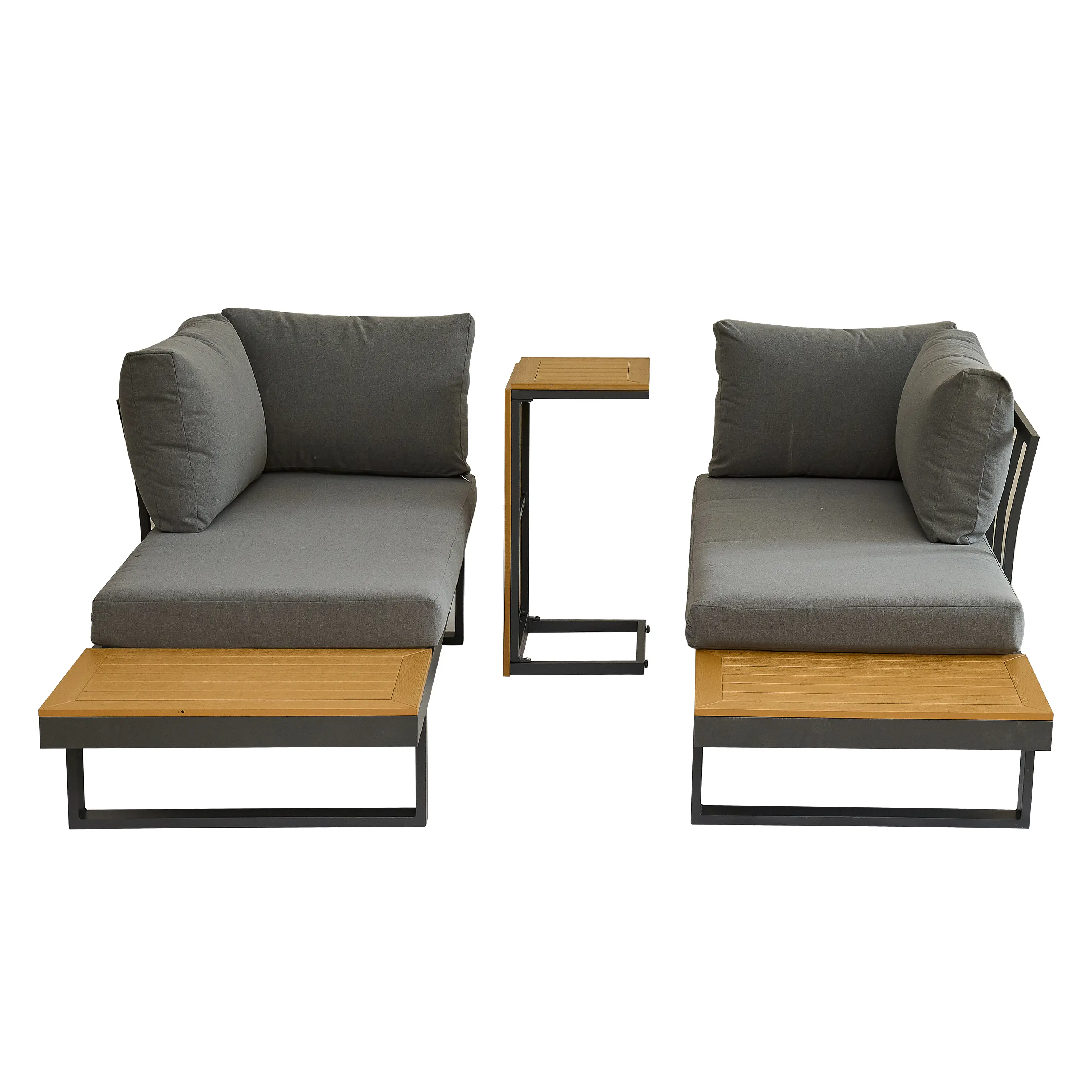 Aluminum Patio Furniture Set Outdoor L-Shaped Sectional Sofa with Plastic Wood Side Table and Soft Cushion