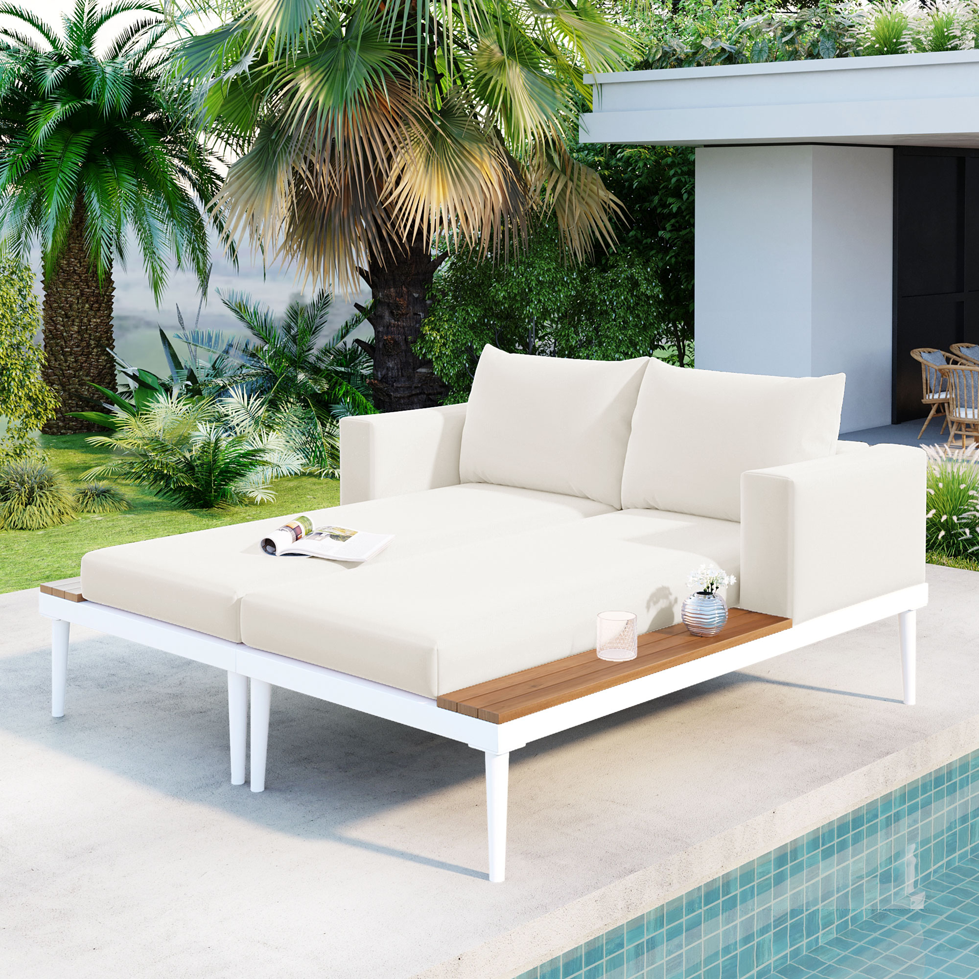 Modern Outdoor Daybed Patio Metal Daybed with Wood Topped Side Spaces for Drinks, 2 in 1 Padded Chaise Lounges for Poolside, Balcony, Deck