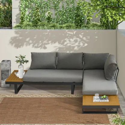 Aluminum Patio Furniture Set Outdoor L-Shaped Sectional Sofa with Plastic Wood Side Table and Soft Cushion