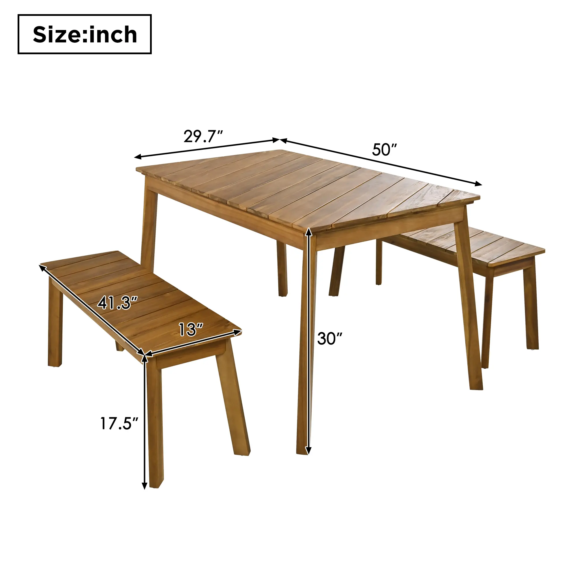 3 Pieces Acacia Wood Table Bench Dining Set For Outdoor Furniture
