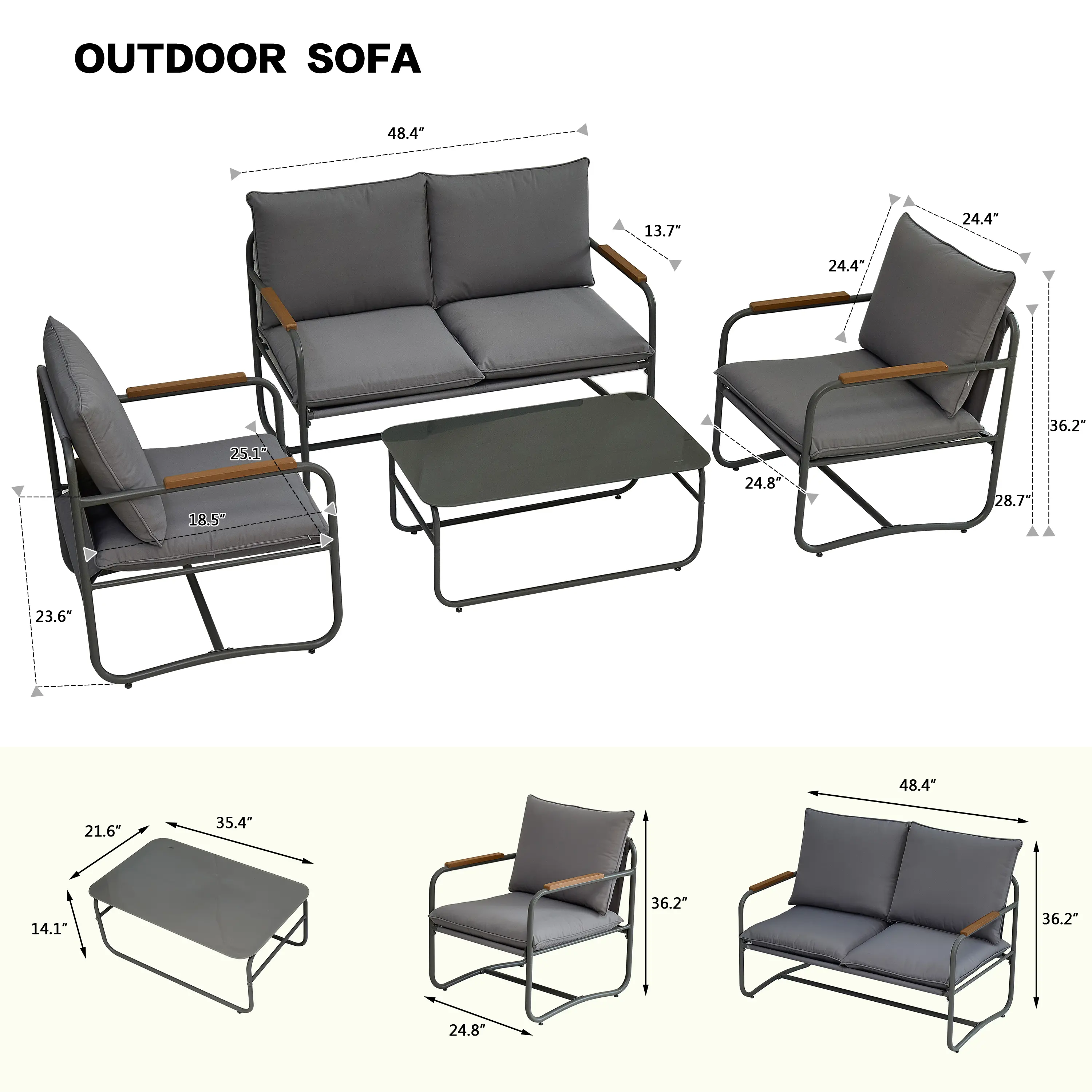 4-Piece Outdoor Patio Conversation Set with Removable Seating Cushion