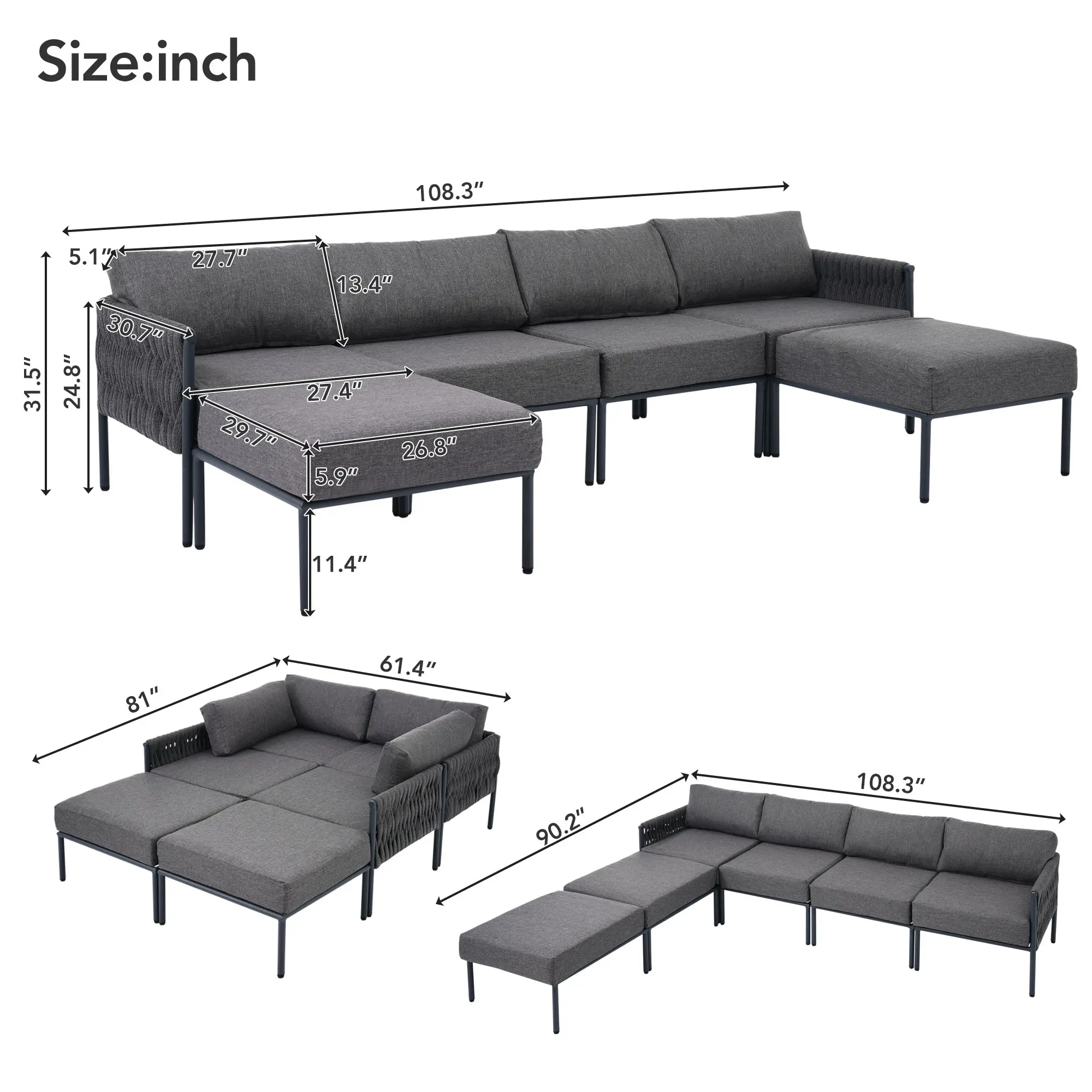 6-Pieces Aluminum Patio Outdoor Conversation Set Sectional Sofa With Removable Cushions