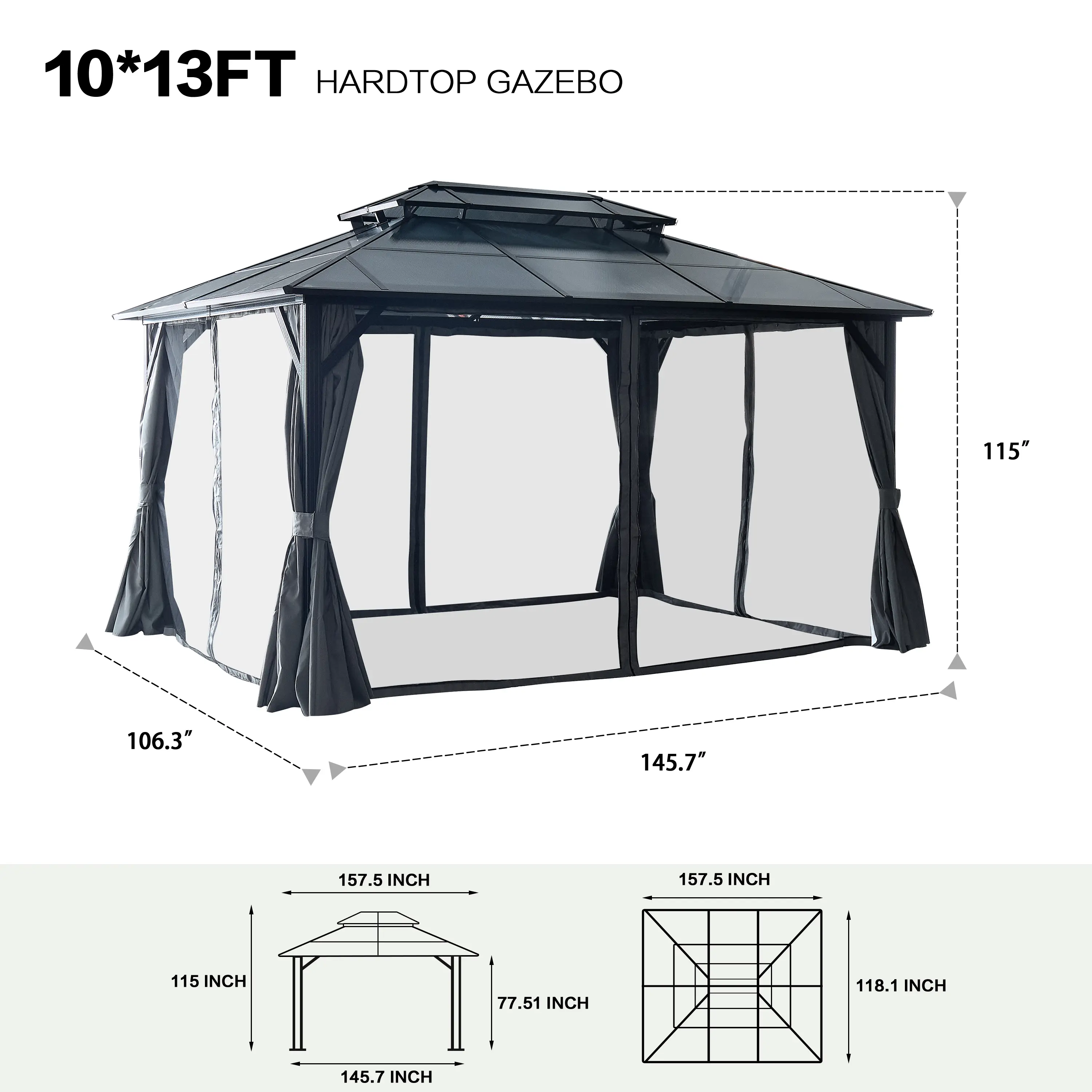 10'x13' Hardtop Gazebo Outdoor Aluminum Frame Permanent Pavilion Double Roof Canopy with Curtains and Netting