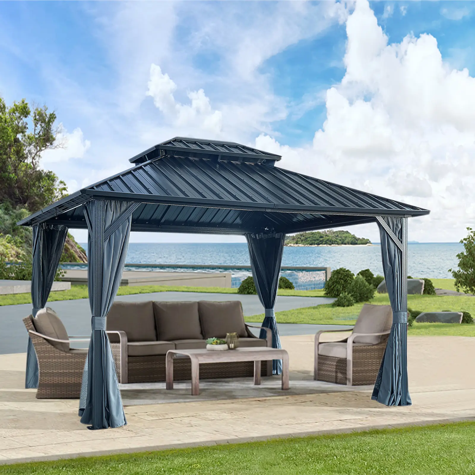 10x12 ft Galvanized Iron Aluminum Frame Double Hardtop Gazebo with Netting and Curtains for Patio