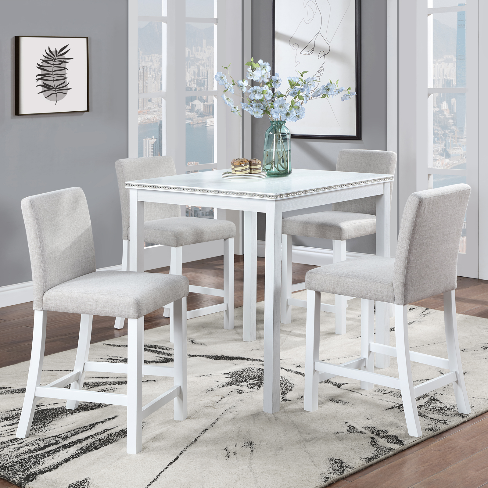 Wooden Dining Square Table, Kitchen Table for Small Space, 4 Person Counter Height Table, White 