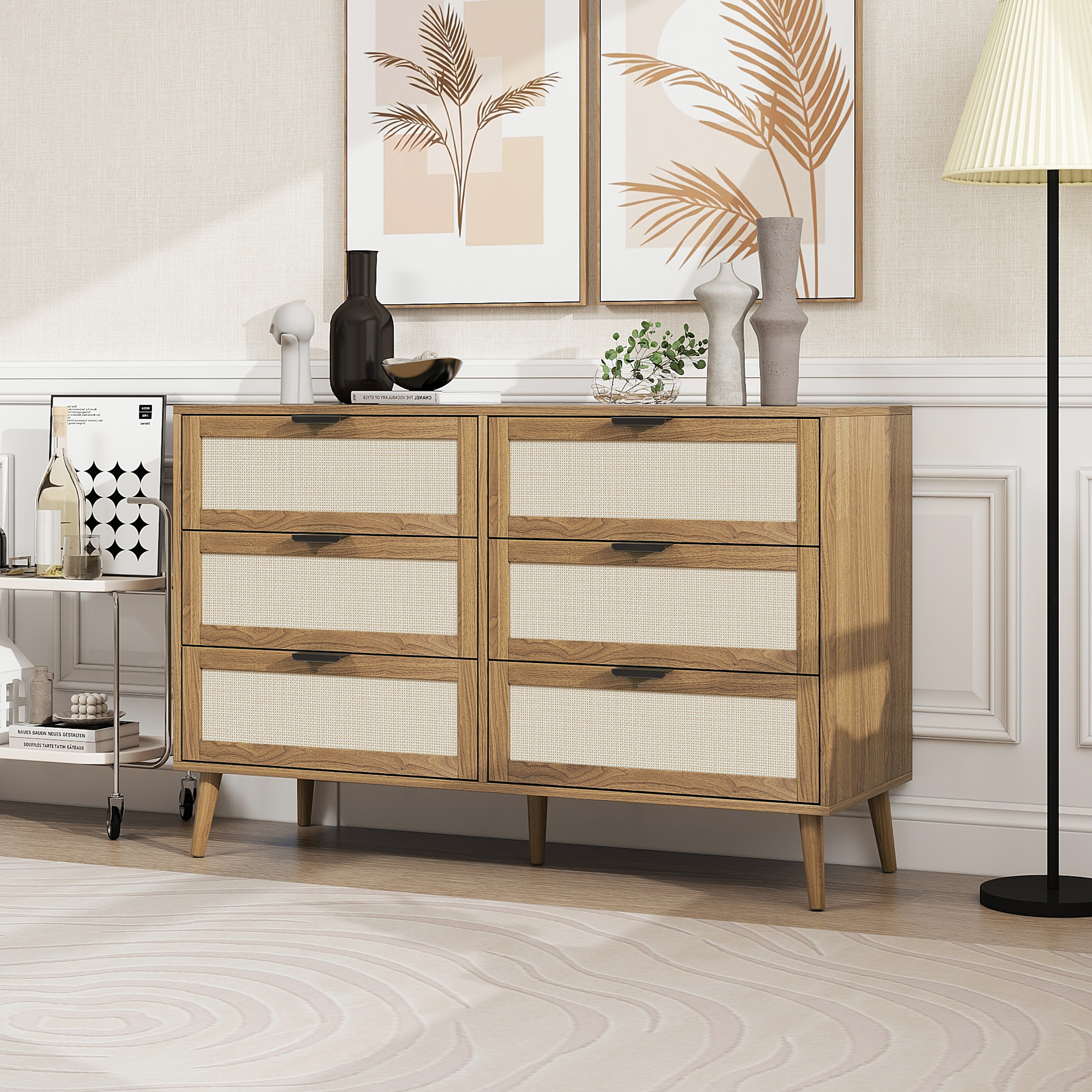 Modern 6 Drawer Dresser Wood Cabinet (Walnut) 