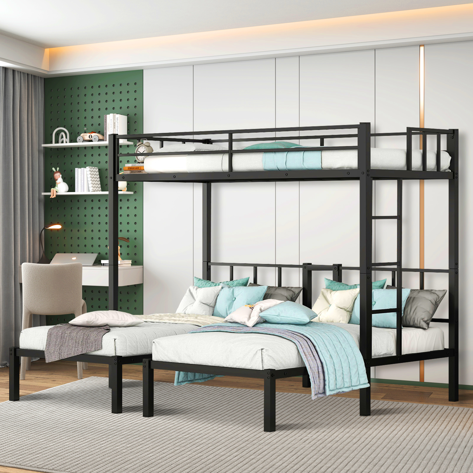 Triple twin bunk bed, can be separated into 3 twin beds 