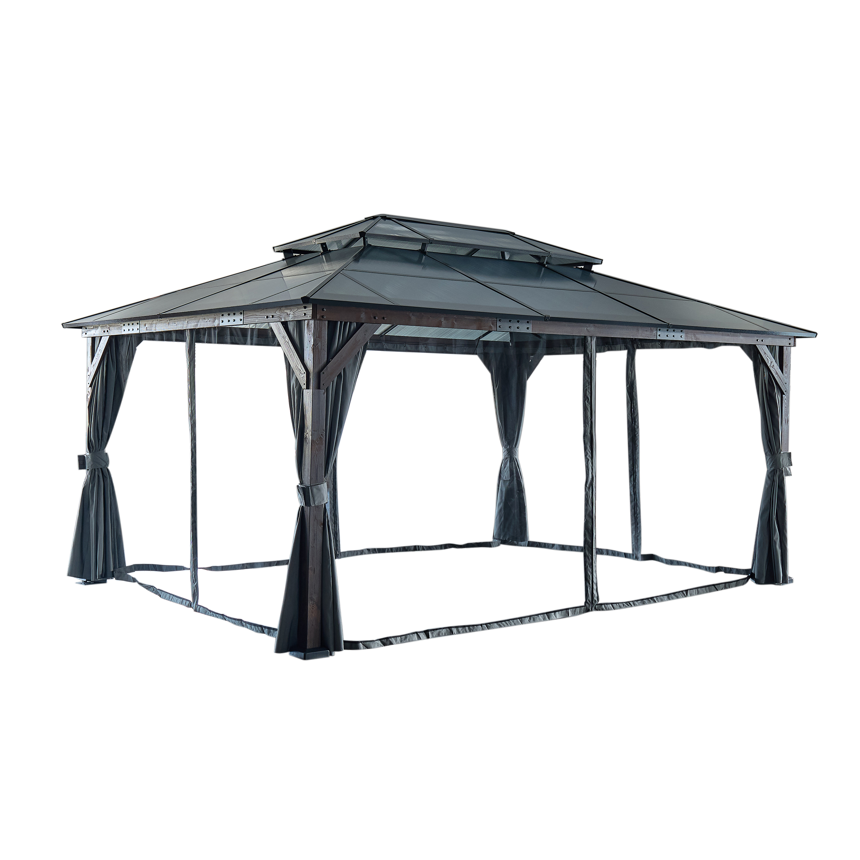 10' x 13' Hardtop Wood Gazebo for Patios, Outdoor Framed Gazebo with Polycarbonate Double Roof Canopy, Solid Wooden Framed Gazebo with Privacy Curtains and Mosquito Nettings for Garden, Backyard 